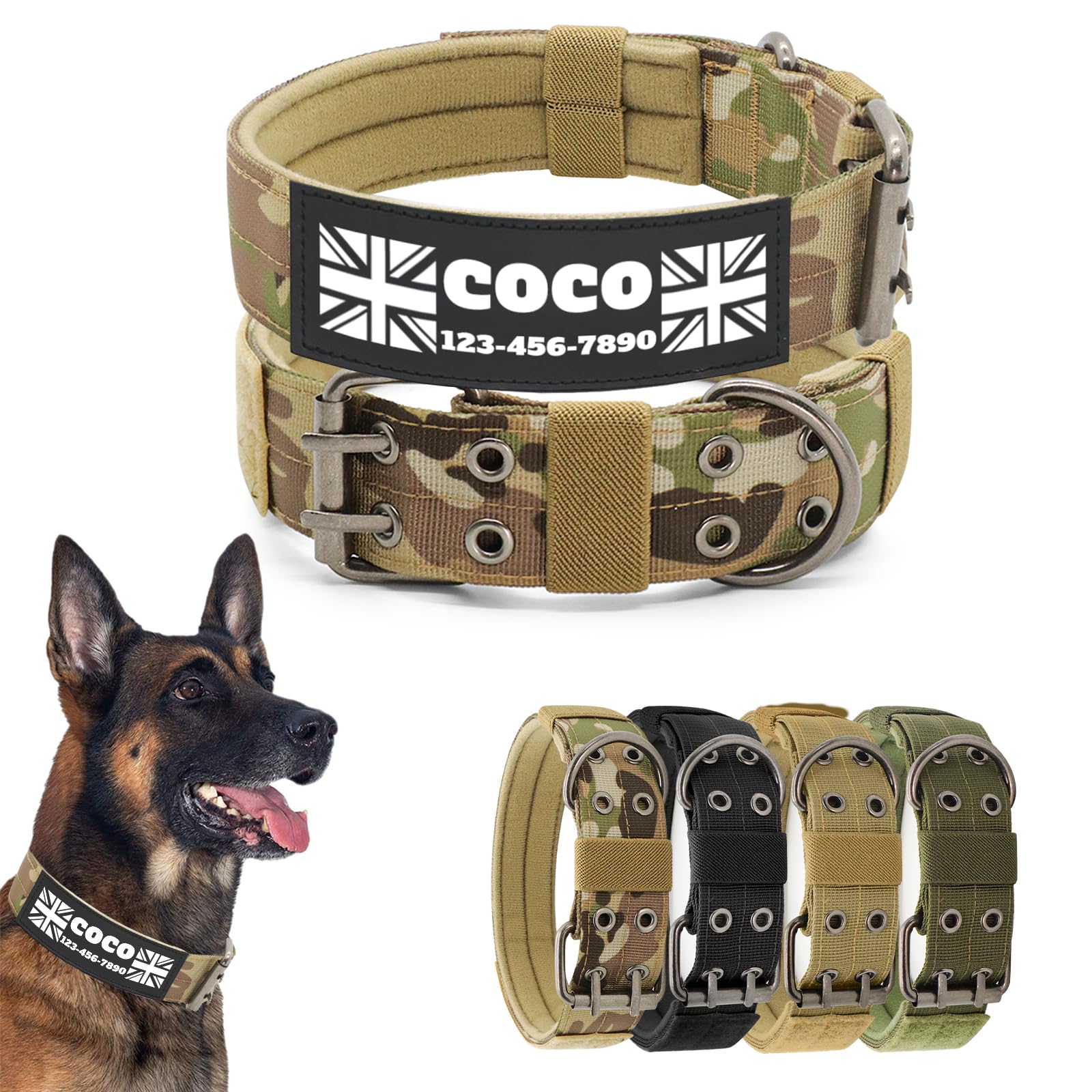Personalised Tactical Dog Collar with Name and Phone Number Patches - Heavy-Duty Bespoke Collar with Metal Double-Pin Belt Buckle for Medium and Large Dogs (Desert Camo, XL(53–64 cm))