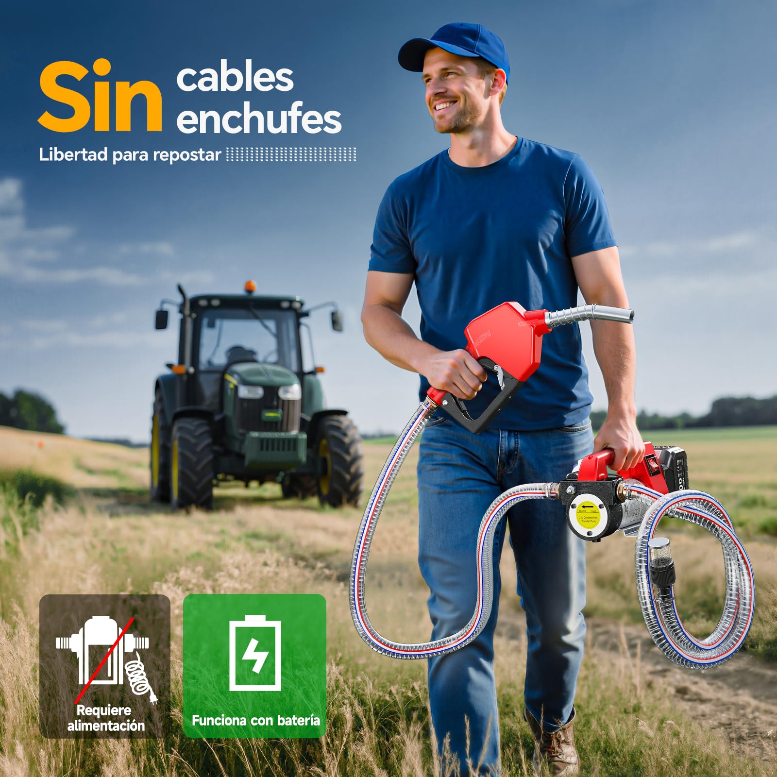 Bomba de Trasvase Diesel a Batería 21V: Caudal 45 L/min, bomba de combustible eléctricas para diésel y queroseno, con batería de 2 x 4,0 Ah, boquilla y 2 mangueras de 2 m - Para camiones y tractores