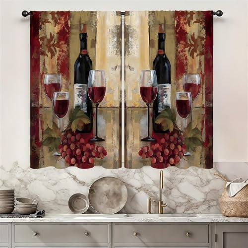 Red Wine Kitchen Curtains 26W X 24L Inch 2 Panels Rod Pocket Vintage Burgundy Abstract Grapes Small Short Cafe Tier Curtains Retro Glasses Neutral Bottles Window Drapes Treatment Home Decor