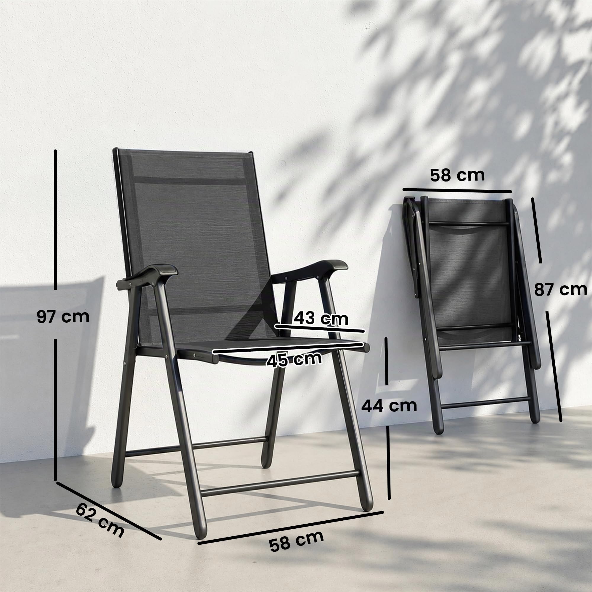 Outsunny Lot de 4 Chaises de Jardin Pliantes en Textilène Robuste Noir | Mobilier de Jardin, Structure Acier, Sans Montage, Chaise de Terrasse et Balcon, Dossier Haut Ergonomique