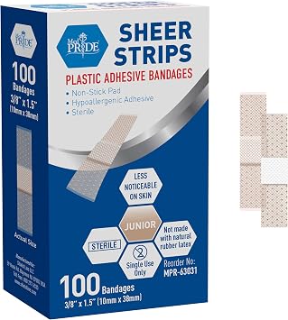 ضمادات MED PRIDE Junior Strip ضمادات صغيرة للأصابع، وسادة غير لاصقة خالية من اللاتكس مضادة للحساسية [عبوة من 100 قطعة] 3/8 بوصة X 1.5 بوصة