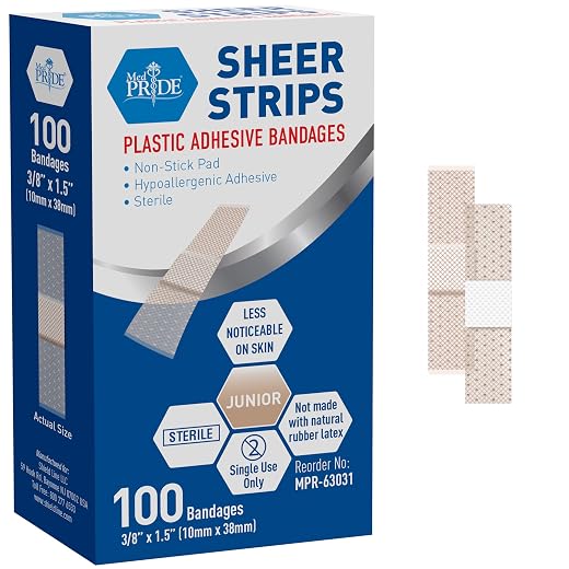 MED PRIDE Junior Strip Bandages Small Bandages for Fingers, Hypoallergenic Latex-Free Non-Stick Pad [100 Pack] 3/8in X 1.5in