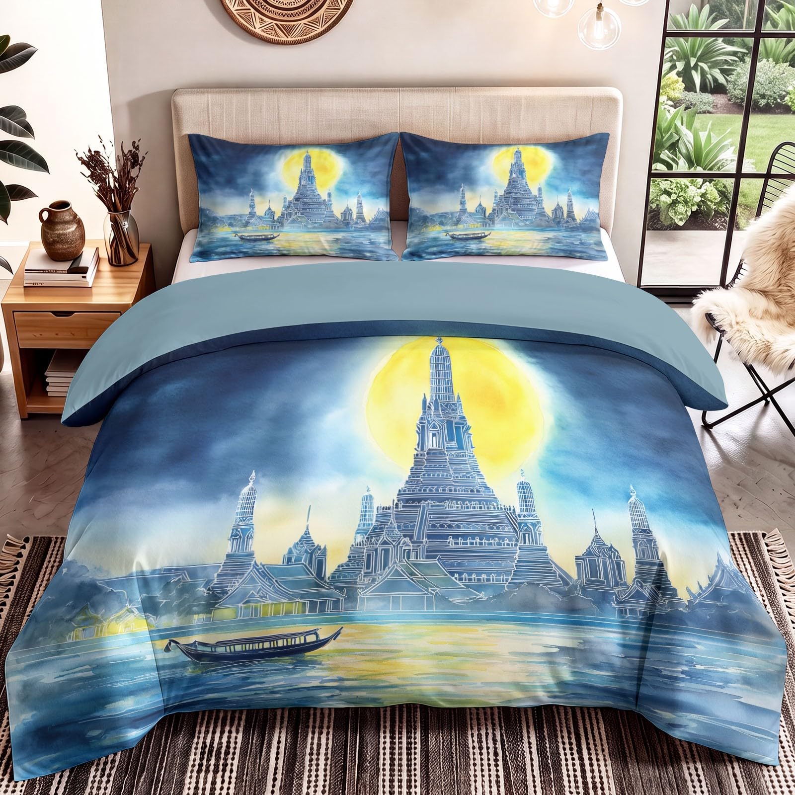 Generisch Traumhaft komplet pościeli architektonicznej, fantazyjny, motyw świątyni, księżyc, rzeka, 200 x 200 cm, 3-częściowy zestaw dekoracyjny, poszewka na kołdrę z mikrofibry z 2 poszewkami na