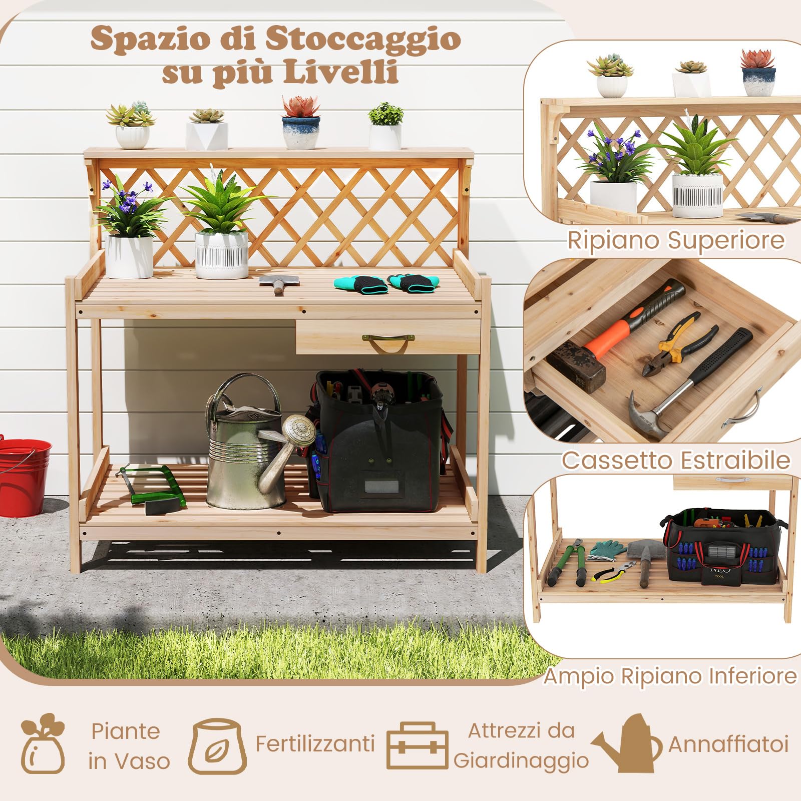 COSTWAY Tavolo per Piante in Legno, Tavolo da Giardino con Traliccio, Cassetto Rimovibile e Ripiano, Tavolino per Vasi di Fiori da Interno ed Esterno per Cortile, Balcone, Prato e Terrazzo