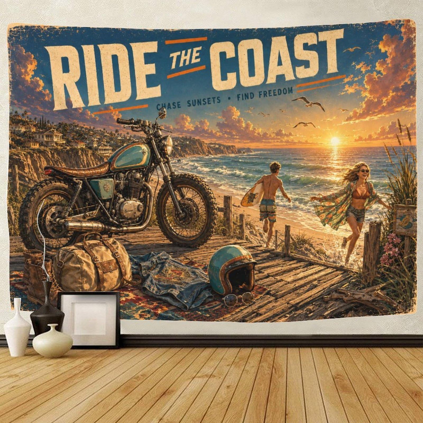 GPMNBCXZK Motorcycles And Beaches 3D Print Wall Tapestry Wall Hanging Decor Tapestries Home Decoration Curtain Living Room College Dorm 70cmx100cm