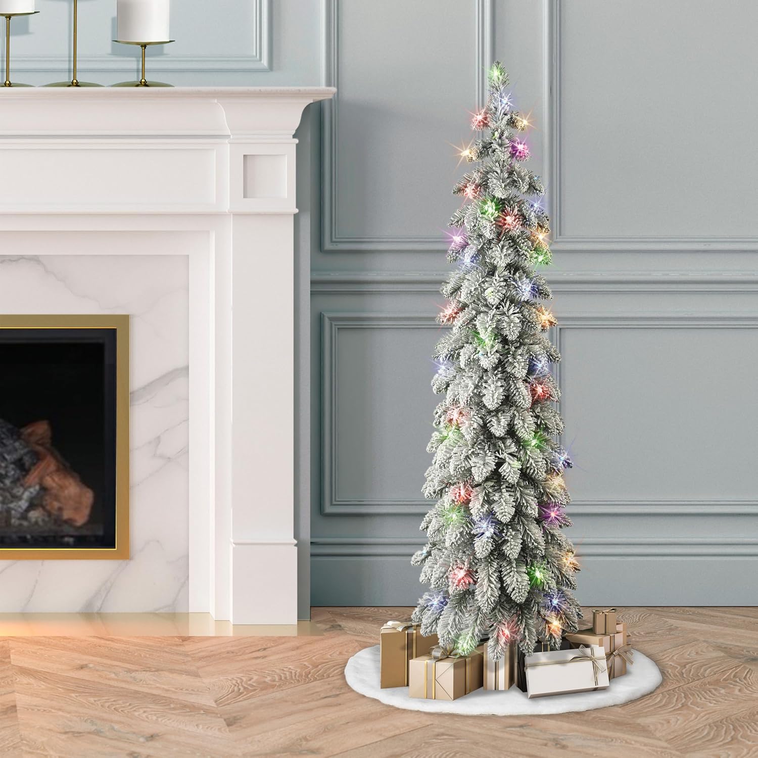 Puleo International 4 ft Pre-lit Flocked Alpine Pencil Tree 139 Tips 50 UL Multi-Color Lights