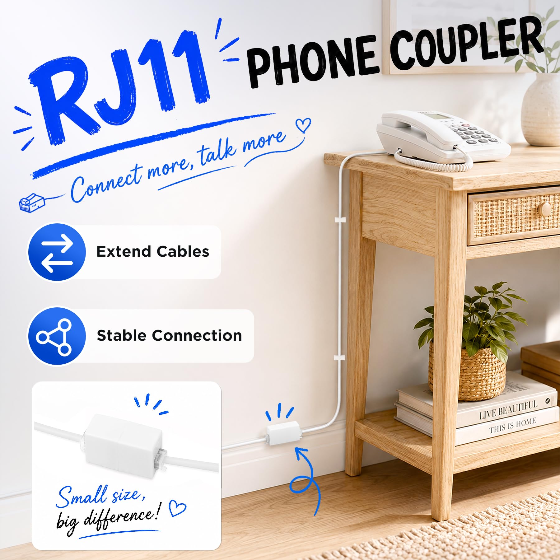 Uvital Telefon-Verlängerungskabel, 7,6 m, Telefonleitungskabel mit Standard-RJ11-Stecker und 2,5 cm-Kupplungen und 20 Kabelcliphaltern, weißes Telefonkabel