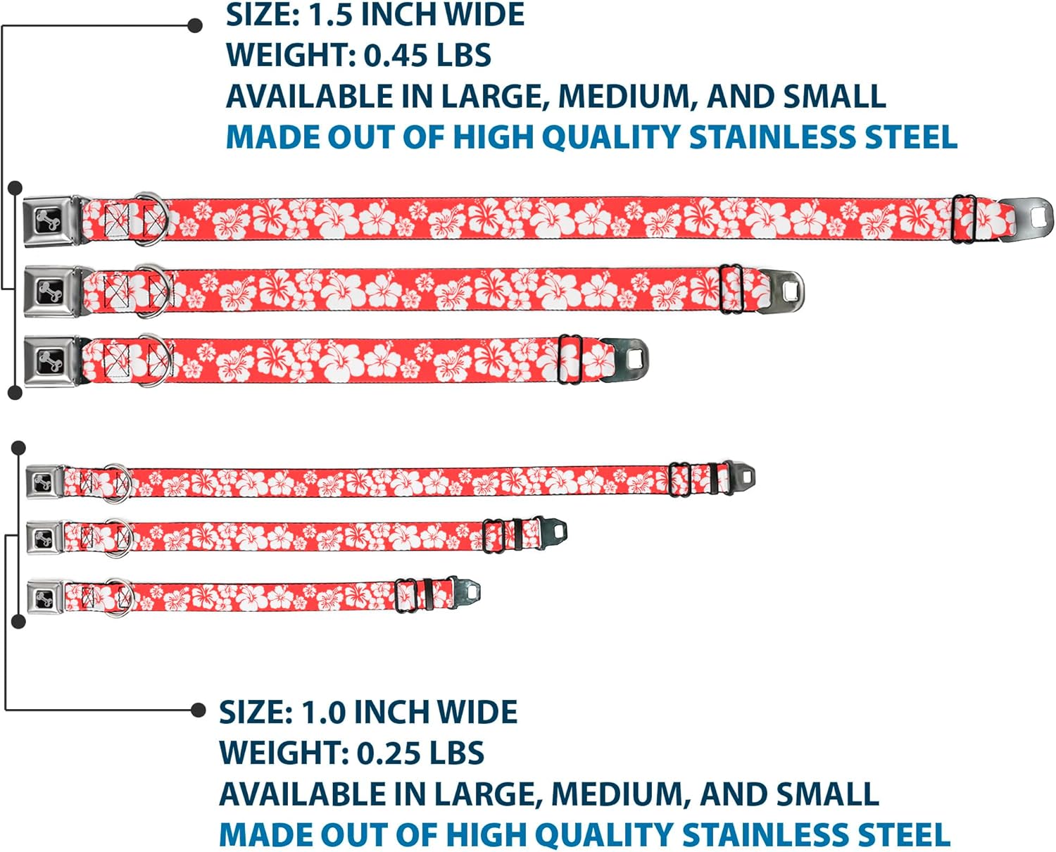 Buckle-Down Hibiscus Light Red/White Dog Collar Bone, Medium/11-17