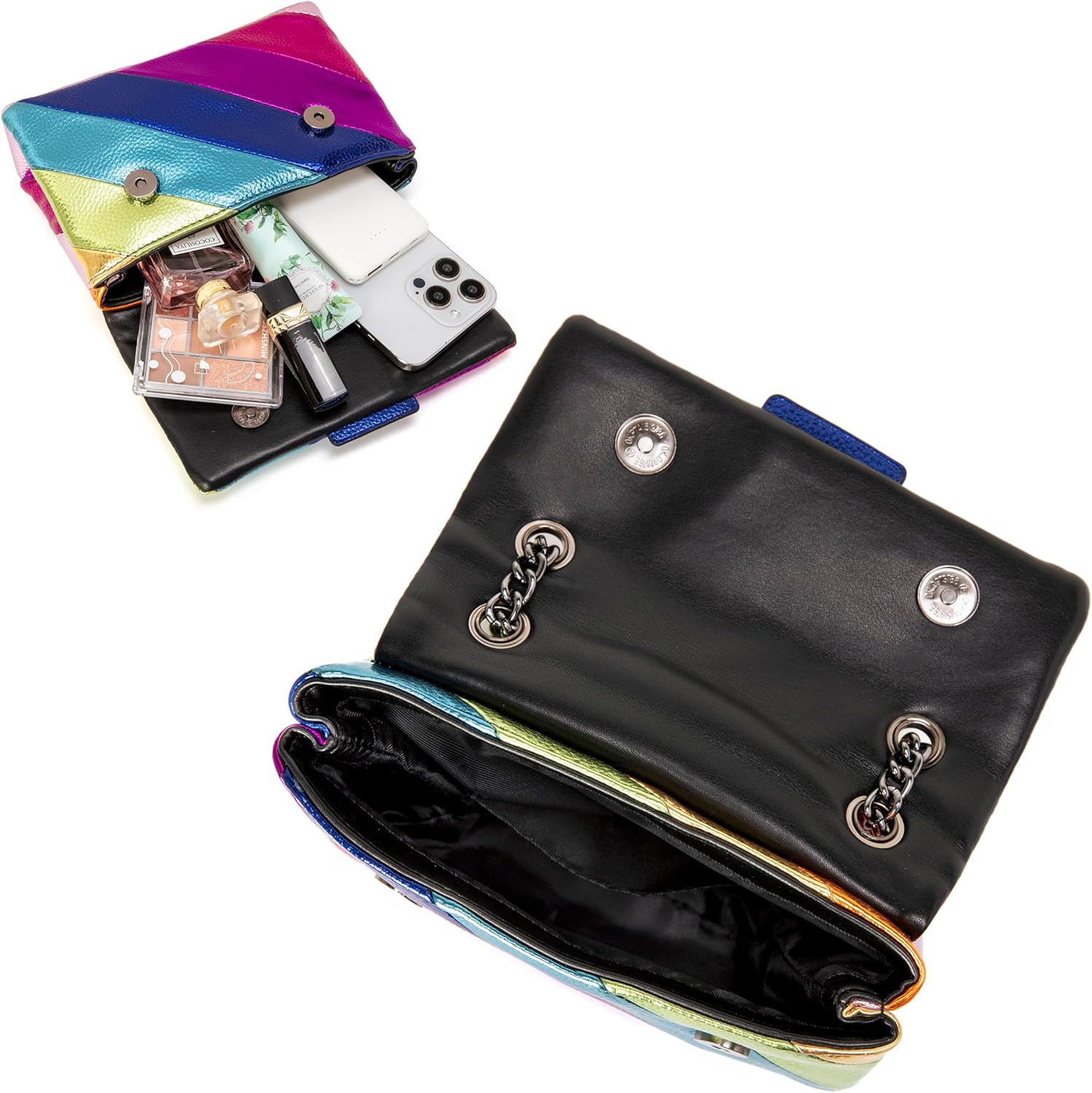 Rejolly Rainbow Stripe Crossbody Shoulder Bag for Women Color Blocking PU Leather Colourful Purse with Chain Strap | PU Leather, with Chain Strap - Image 5