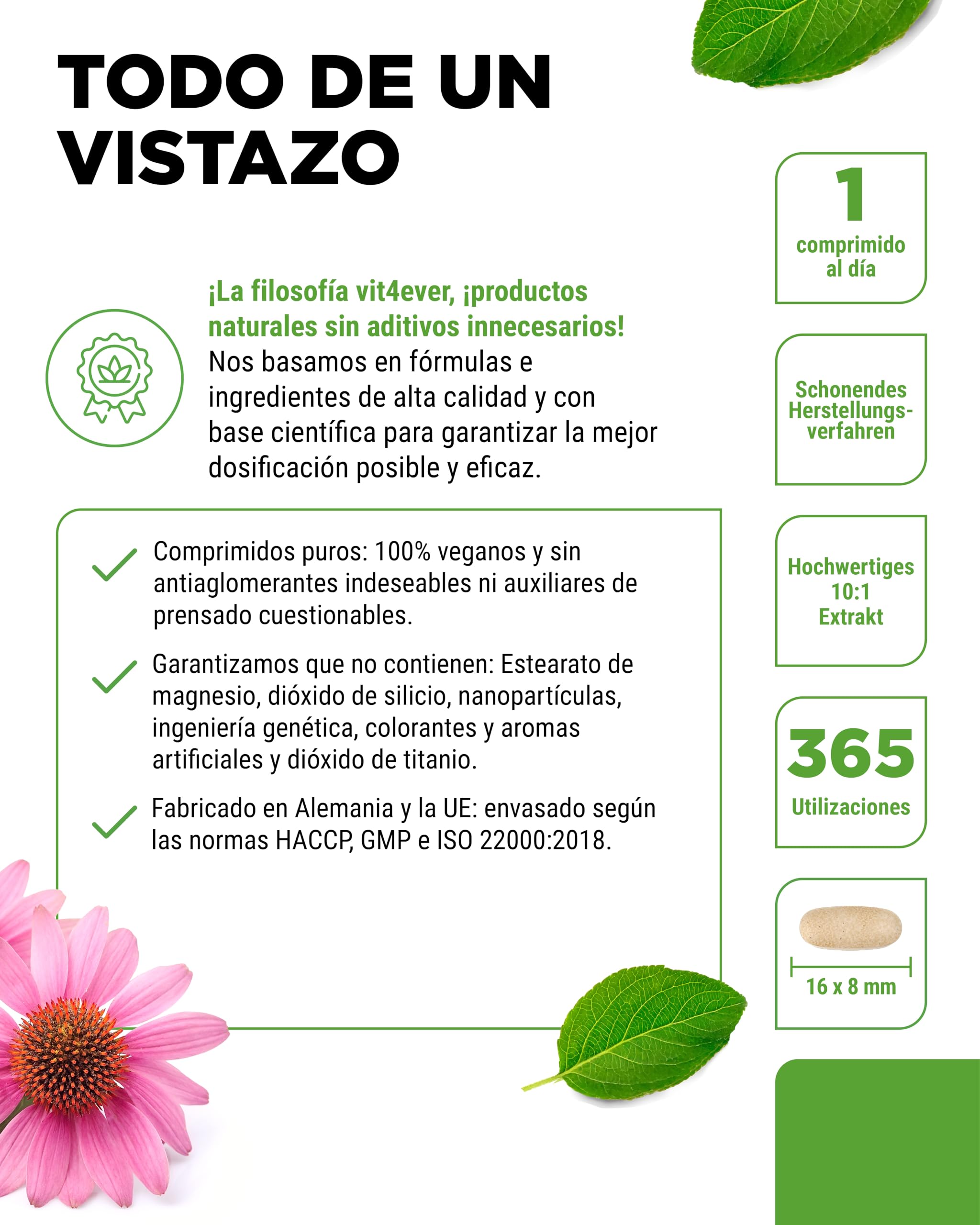 Echinacea 500 mg - 365 comprimidos veganos - Extracto natural de equinácea 10:1 - Alta dosis - Sin aditivos indeseables - Vegano