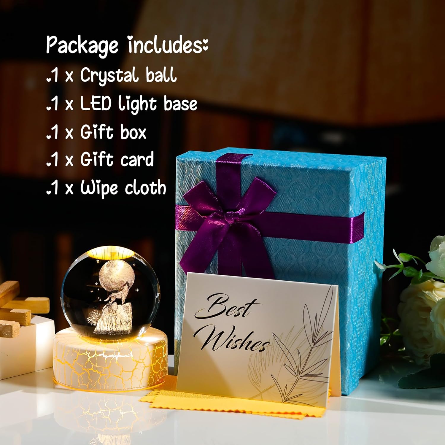 2.36in. 3D Wolf Crystal Ball Gifts for Women Men, K9 Crystal Decorative Ball Engraved Wolf Figurine Paperweight with LED Light Base for Home Office Decoration for Birthday Christmas - Image 6