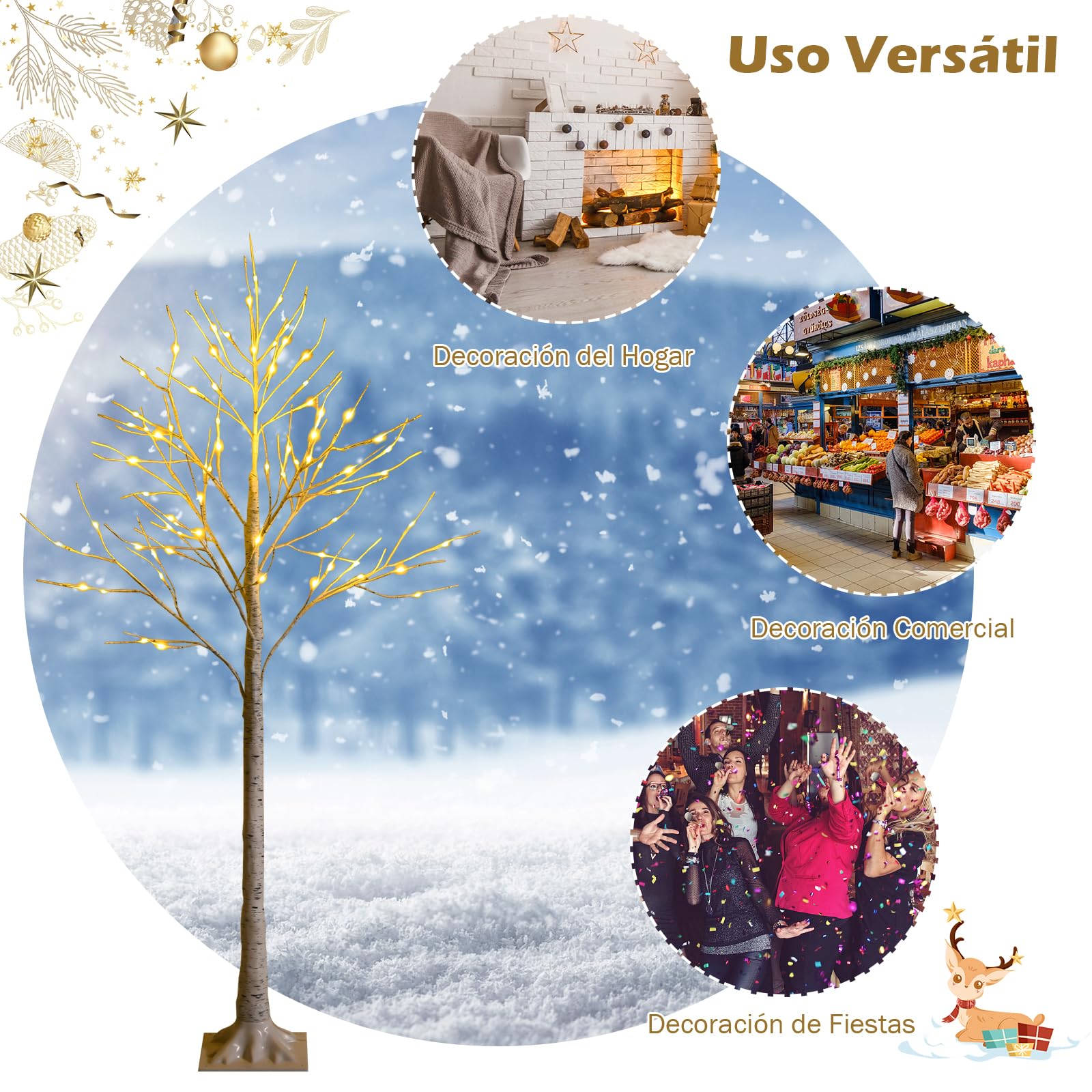 GYMAX Árbol de Navidad 120/150/180 cm, Abedul Iluminado con 48/72/96 Luces LED Blanco Cálido, Árbol de Navidad de PVC, Decoración Brillante para Navidad, Hogar (150 cm)