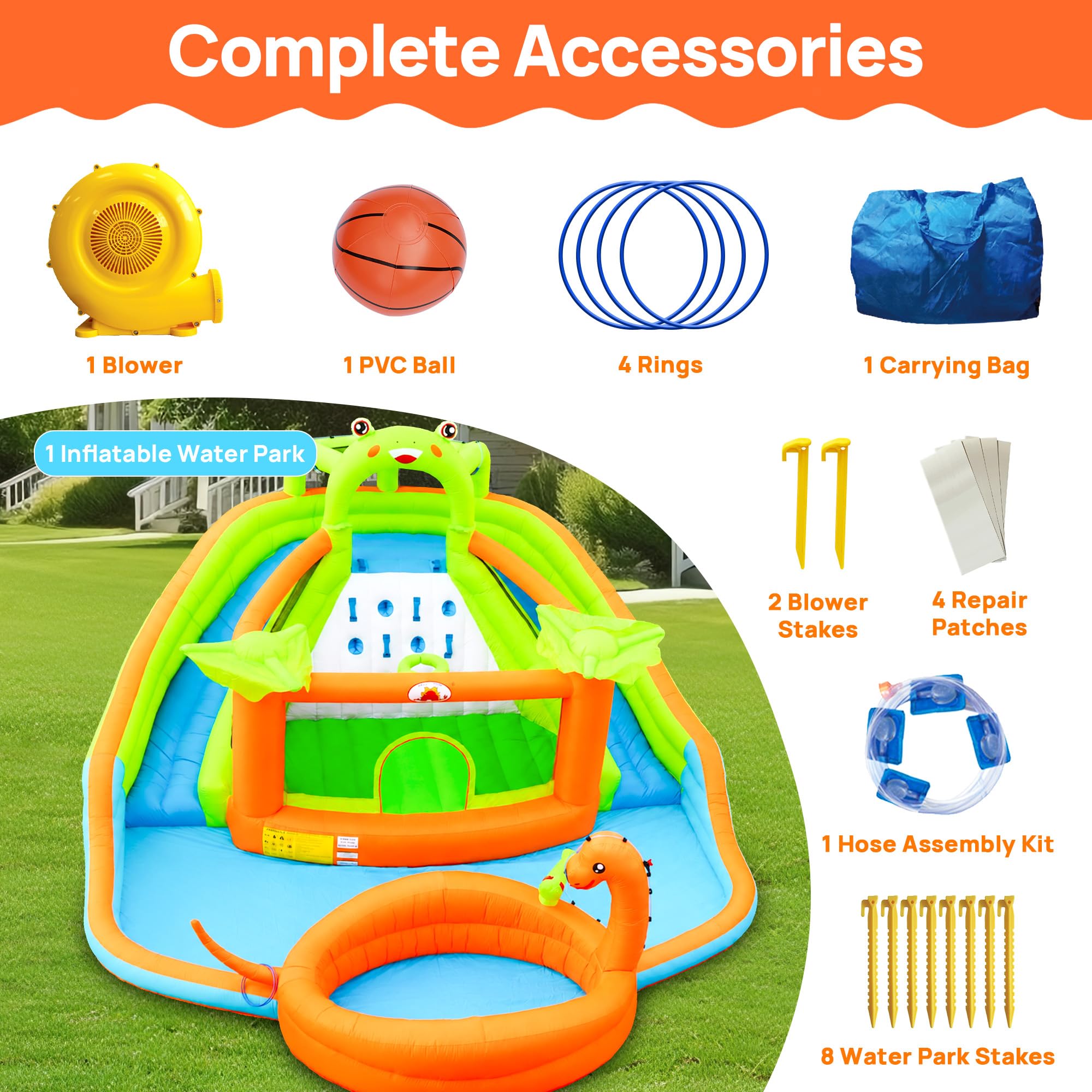 WELLFUNTIME Parque inflable de doble tobogán acuático con soplador, castillo inflable con cañón de agua, piscina de dinosaurios, castillo de rana, pared de escalada, aro de baloncesto, parque acuático