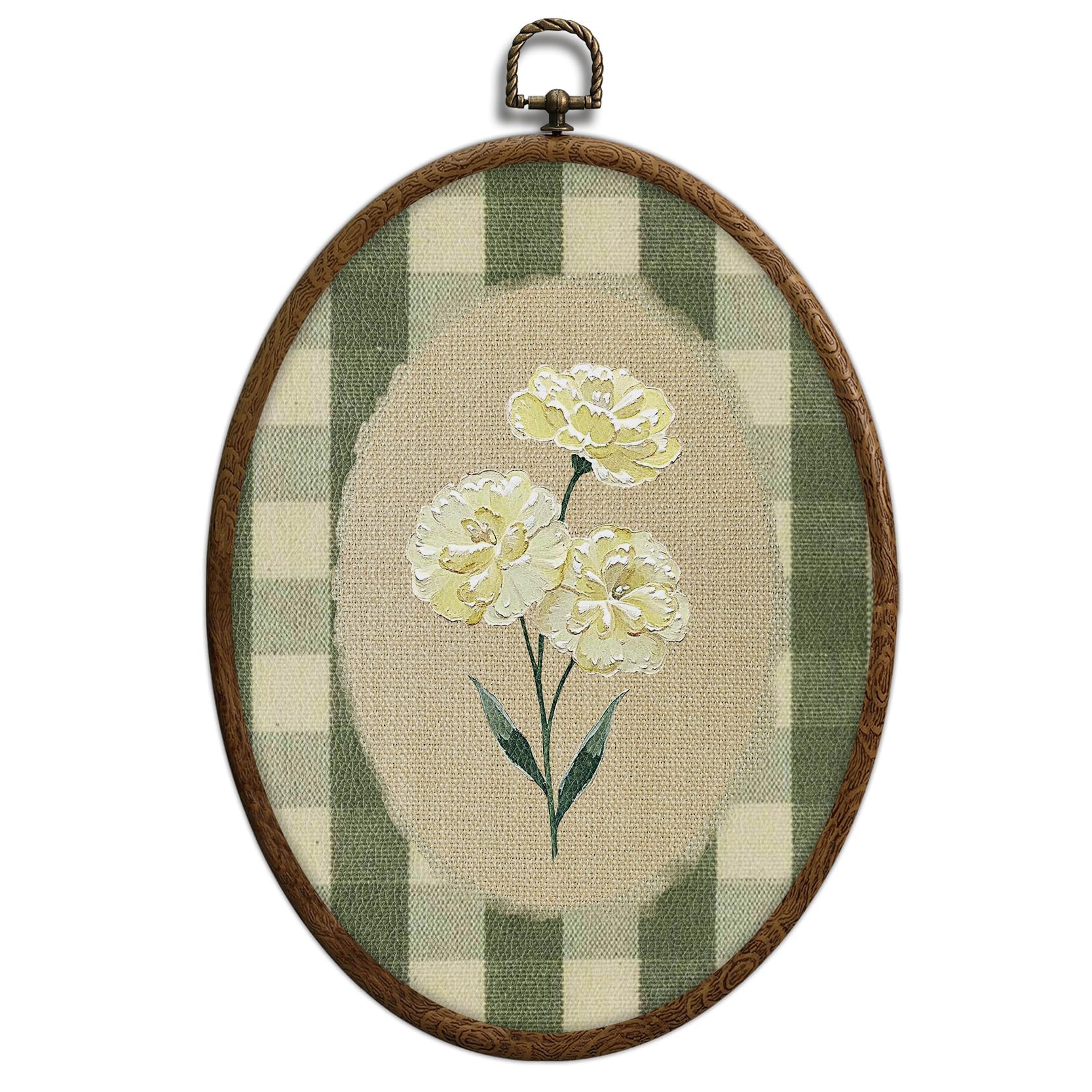 Flower Oval Wall Art, Green Gingham Oval Cottage wall Decor, Retro Botanical Grandma Cottage Core Home Decor for Western Farmhouse Bedroom Living Room, Home Ret