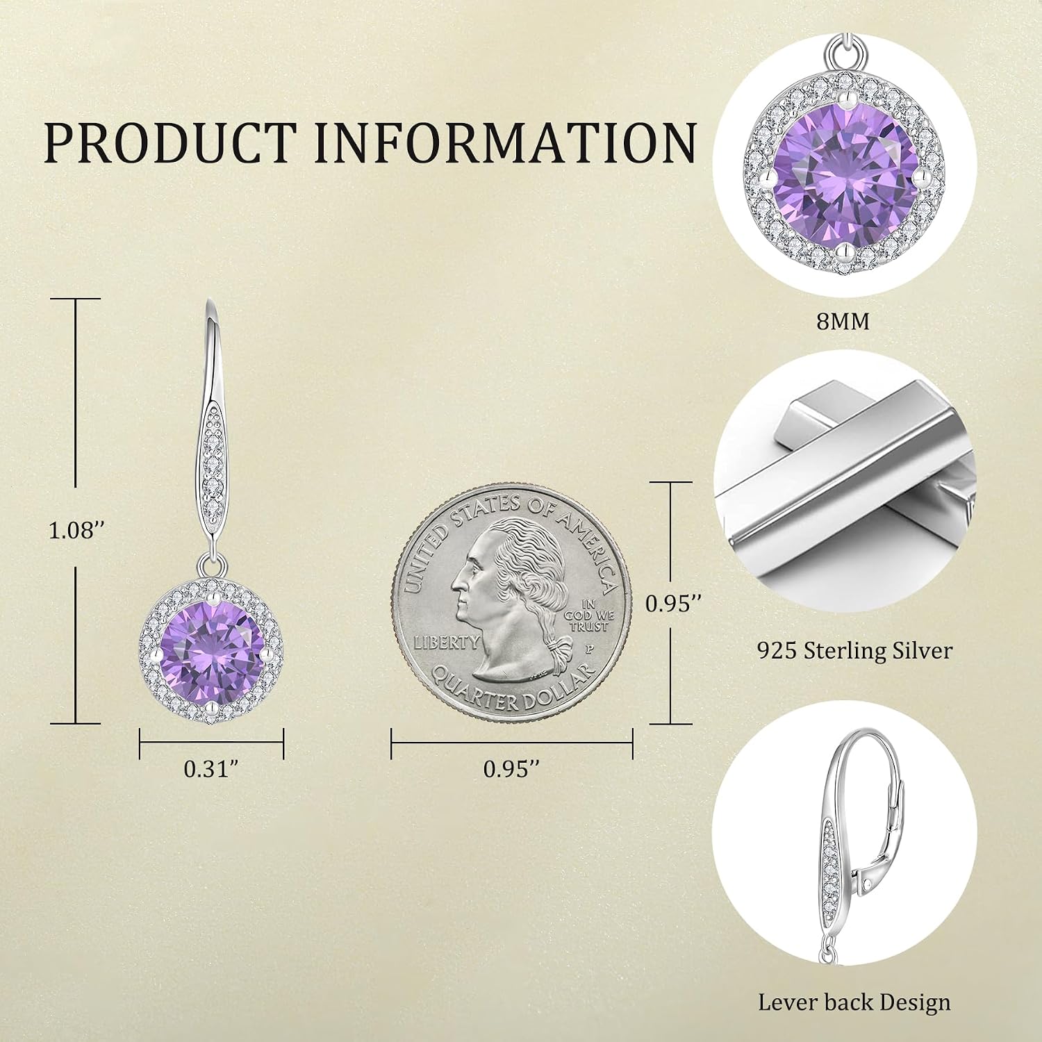 JO WISDOM Women Dangle Earrings,925 Sterling Silver Dangle Birthstone Gemstone Earrings 8MM Cubic Zirconia,Leverback Jewelry for Women