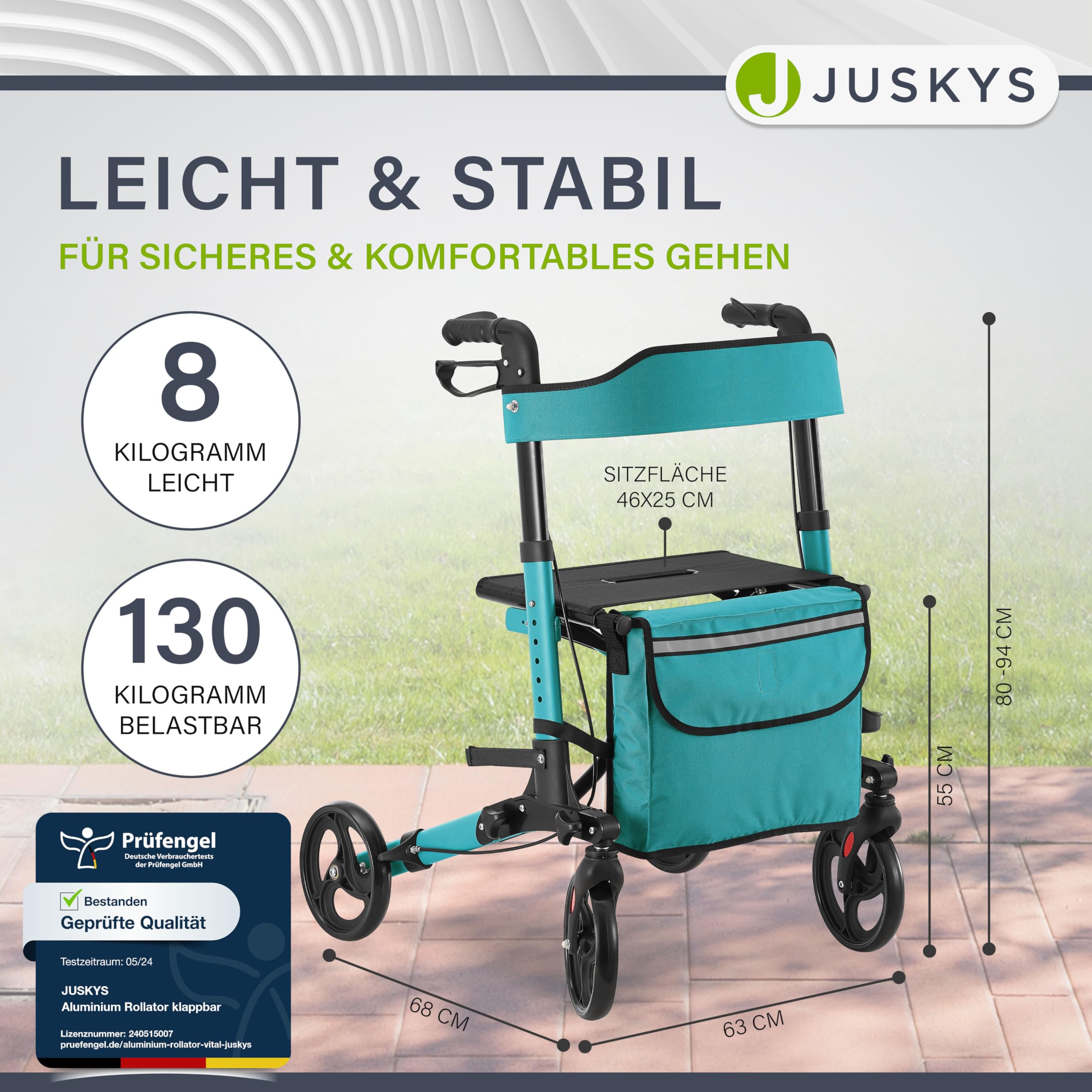 Juskys Rollator Vital petrol - Gehhilfe faltbar & leicht aus Aluminium bis 130 kg - Laufhilfe höhenverstellbar mit Sitz, Tasche & Regenschirmhalterung