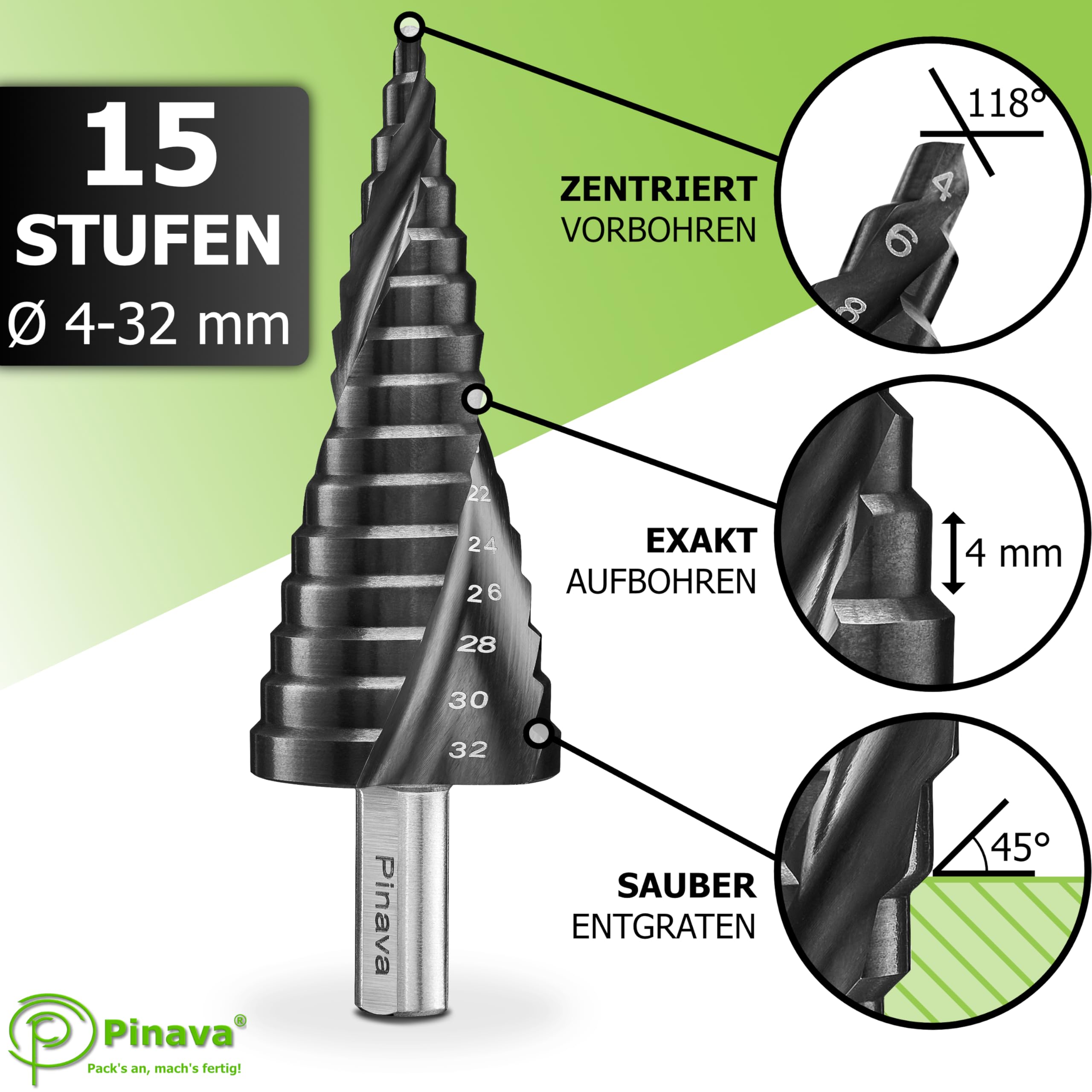 Pinava® Stufenbohrer HSS Cobalt Pro TiAIN [Extra Langlebig & Hitzebeständig] - Profi Kegelbohrer für Edelstahl, Metall, Holz, Kunststoff - Blech-Schälbohrer Extrem Scharf Ø4-32mm Edelstahlbohrer
