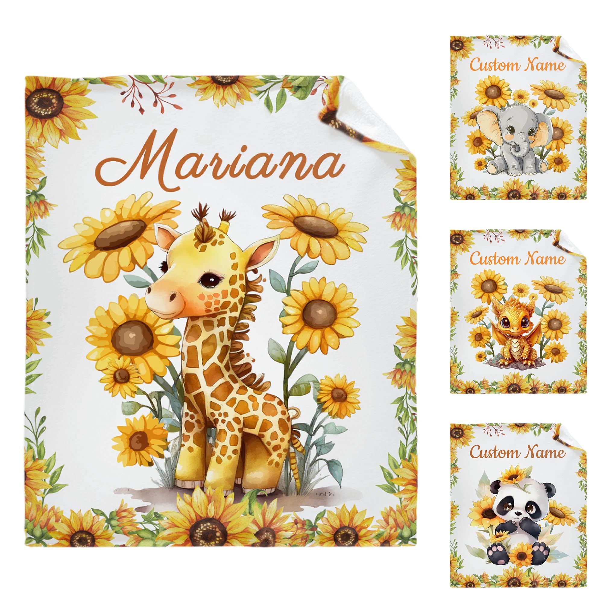 Custom Baby Sunflower Giraffe Blankets Personalized Gift for Girl/Boy for Couch Sofa Bed Bedroom Living Room Lightweight Throw Blanket (40''x50'' for Kids/Children)