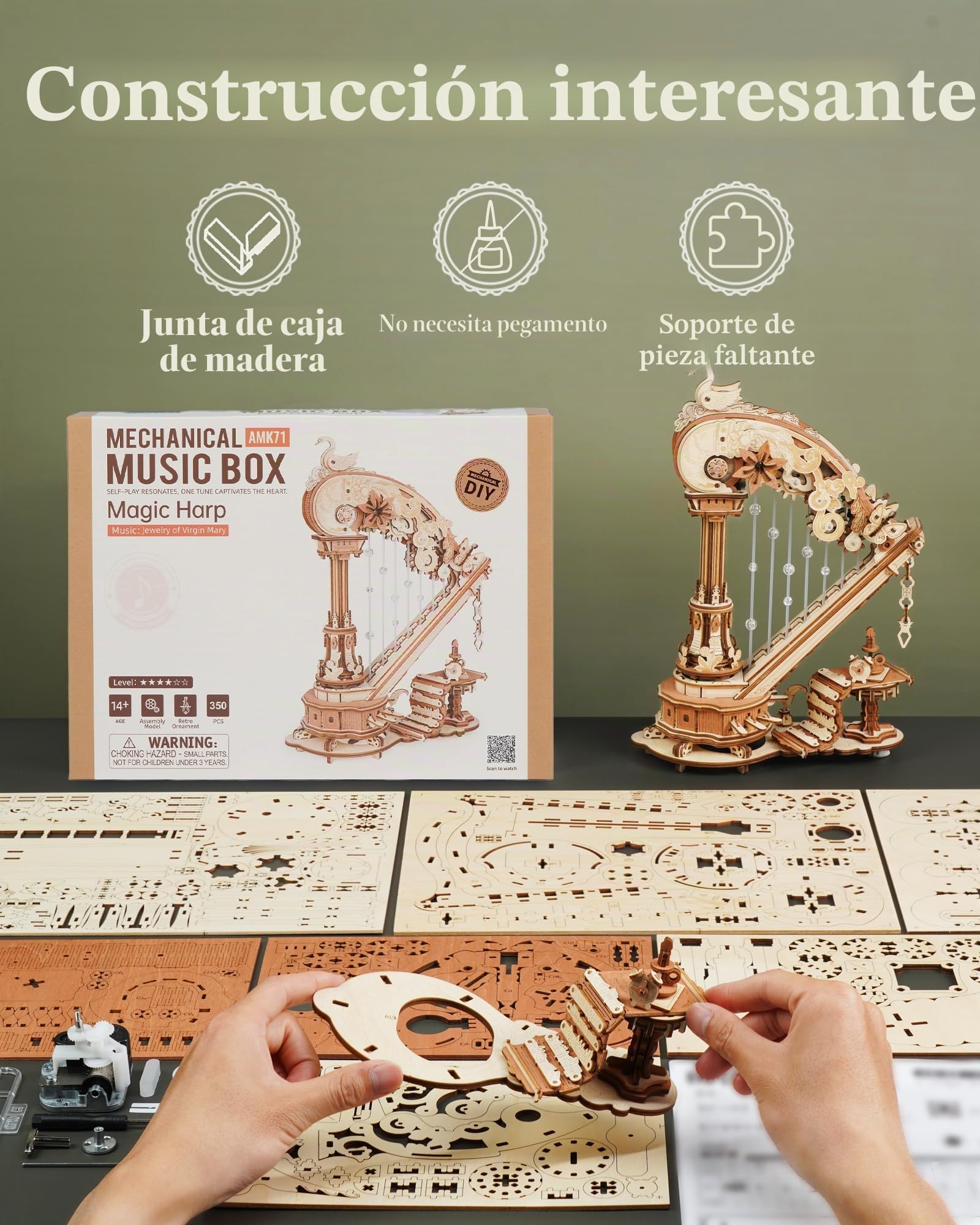 ROBOTIME Puzzle 3D de Madera Arpa con Caja de Música, Kit DIY Mecánico con Engranajes en Movimiento, Maqueta para Adultos, Regalo Creativo y Decoración Hogar