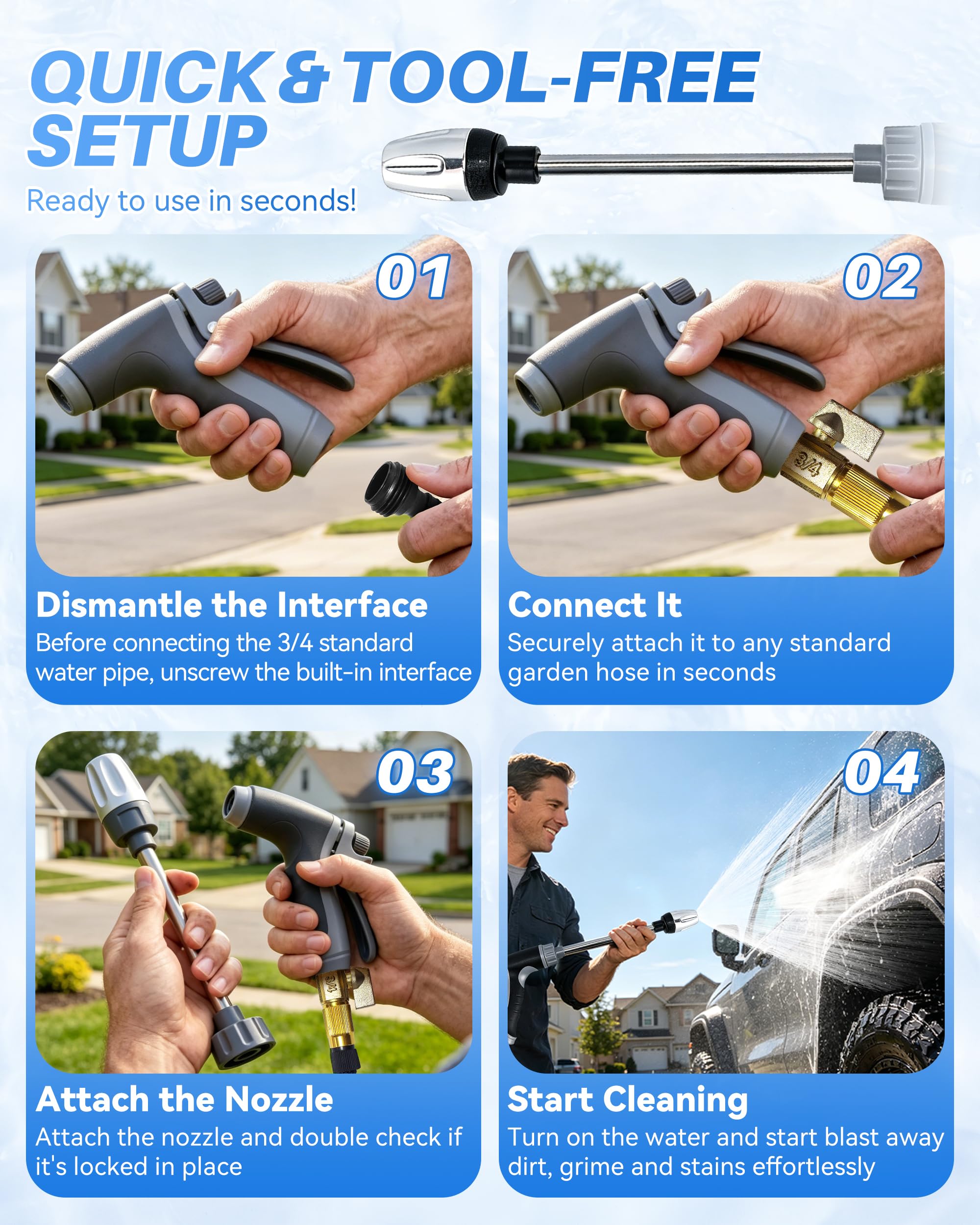 Washer Gun, High Pressure Garden Hose Nozzle with 360° Rotating Nozzle, 3 Spray Modes, Handheld Jet Nozzle Power Washer for Garden Hose - Fit with U.S. 3/4In Threaded Hoses(Grey-A) - 2