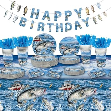176 Pcs Fishing Party Birthday Decorations,24 Guests Fishing Themed Party Tableware Set Tablecloth Dinner Plates Dessert Cup and Napkins for Fishing Birthday Favors Fishing Decor Party Supplies