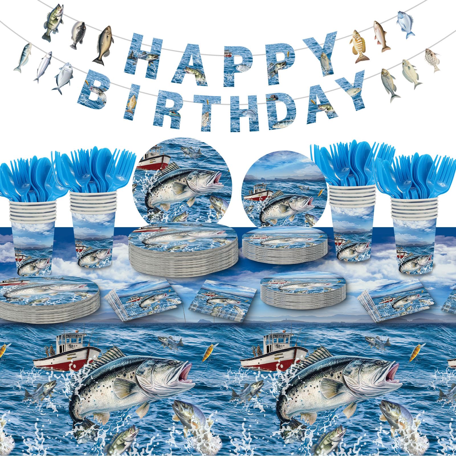 176 Pcs Fishing Party Birthday Decorations,24 Guests Fishing Themed Party Tableware Set Tablecloth Dinner Plates Dessert Cup and Napkins for Fishing