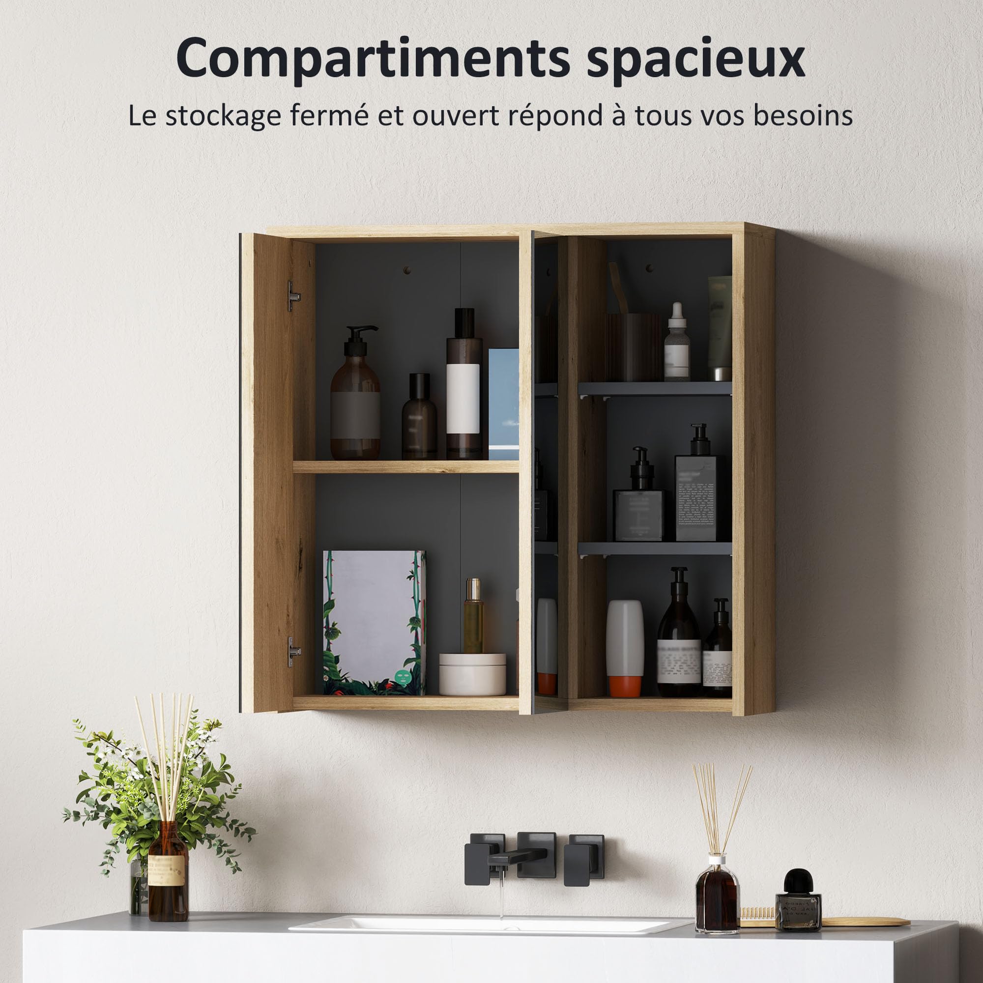 HOMCOM Armoire de Salle de Bain avec Miroir, Montage Mural, Armoire de Toilette avec 2 Portes Miroir, 3 étagères Ouvertes, 60 x 20 x 60 cm, Bois Naturel