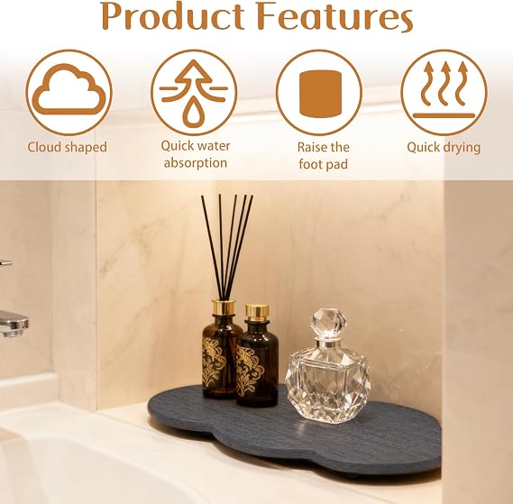 Water Absorbing Stone Tray Cute Cloud Shape, Instant Drying Sink Diatomite Coasters for Bathroom & Kitchen Counter Organizers, Dish Soap Dispenser Sponge Holder, 8 * 4inch, 1 Pcs (Dark Gray)