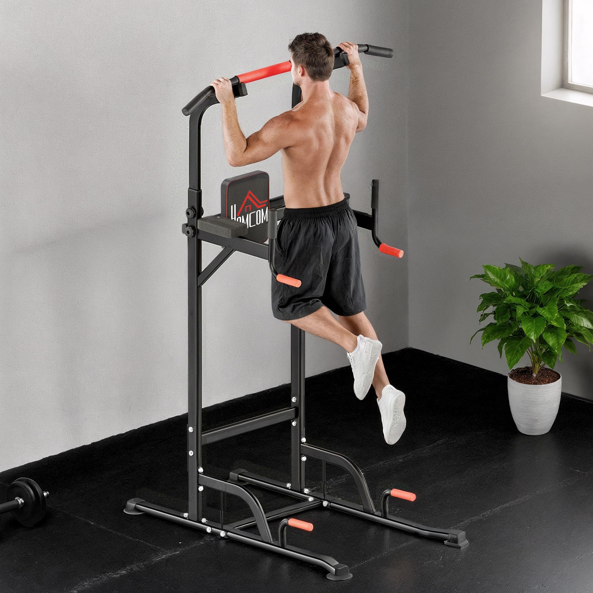 HOMCOM Barra de Dominadas Altura Regulable 189-239 cm 7 Orificios | Torre de Ejercicios, Estación Multifuncional, Entrenamiento Fitness Casa Gimnasio Oficina, Carga 120 kg