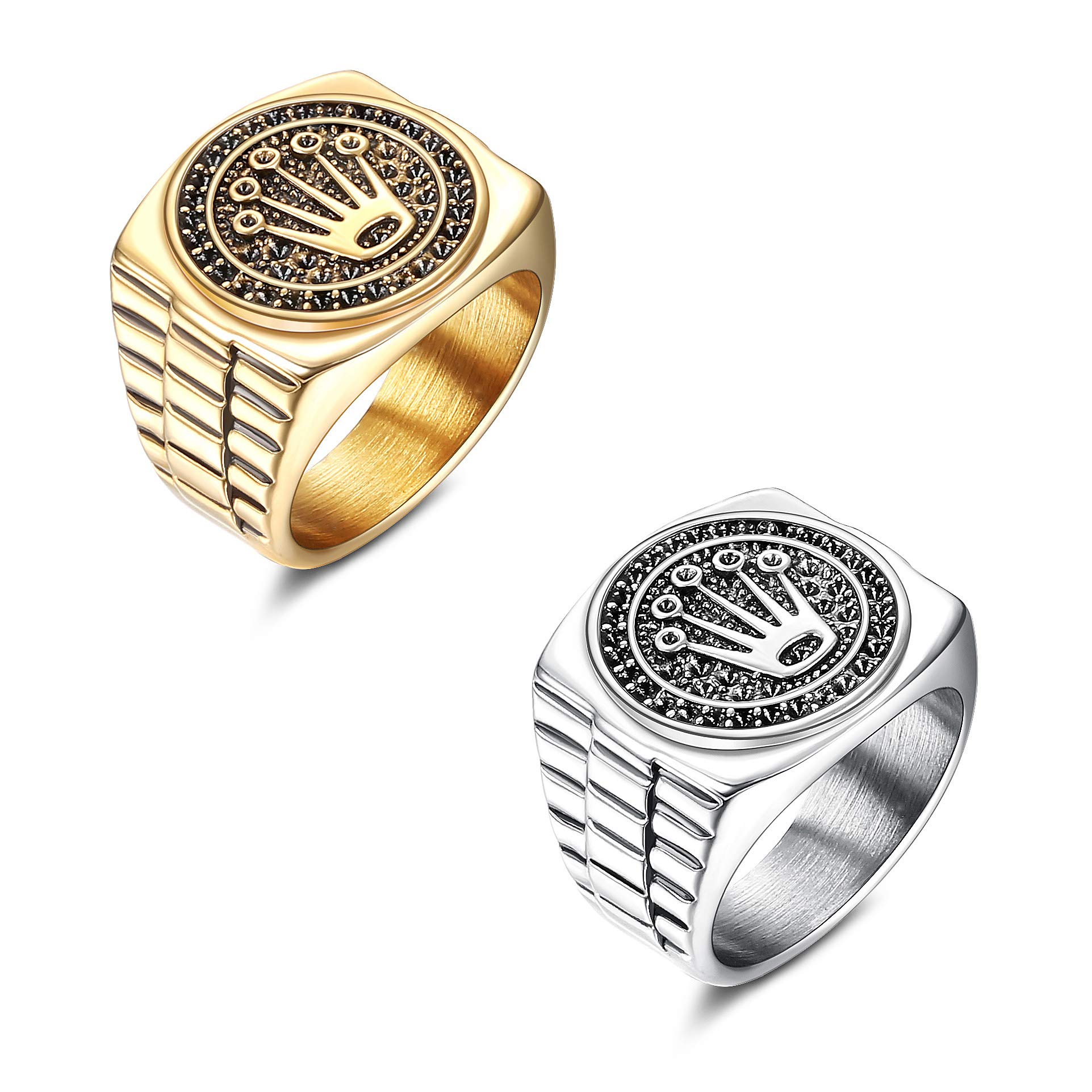 YADOCA 2 Piezas Anillos para Hombre Plata Oro Acero Inoxidable Conjunto Anillos Acero Inoxidable Moda Hip Hop Anillo Punk Helado Anillo Vintage con Corona para Hombre Mujer