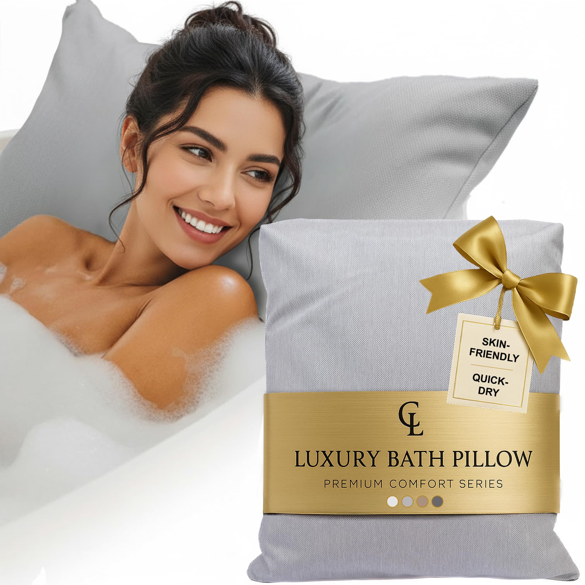 Luxury Bath Pillow for Tub - Thick and Comfortable Bathtub Pillow Support for Head and Neck and Back - Washable Quick-Drying Bath Pillows - Bath Cushion for Home Spa - Fits Any Bathtub - Light Gray