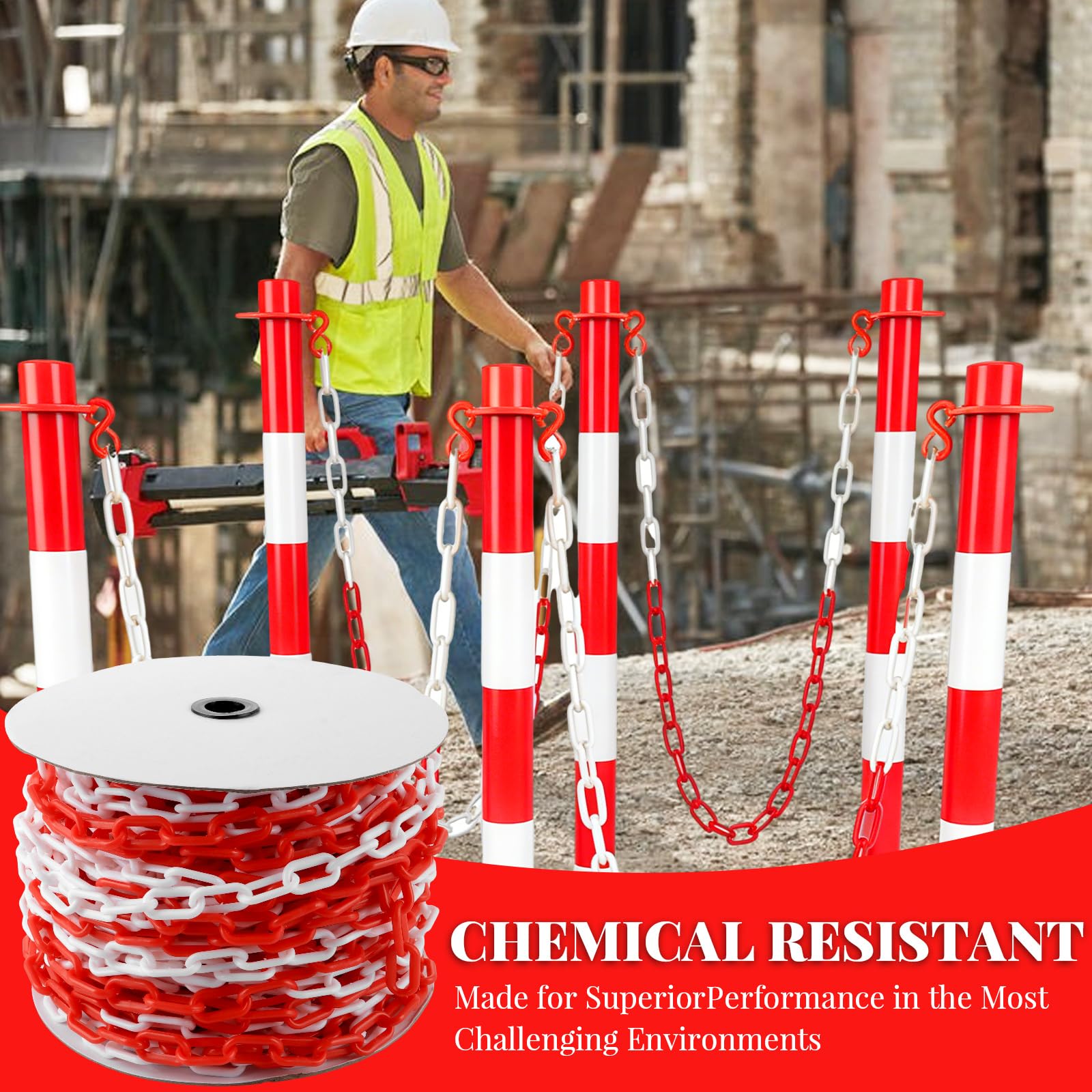 DAJAVE Catena di sicurezza da 50 m, in plastica, 6 mm, rosso e bianco, catena di sicurezza in plastica per bloccare superfici, blocco parcheggio