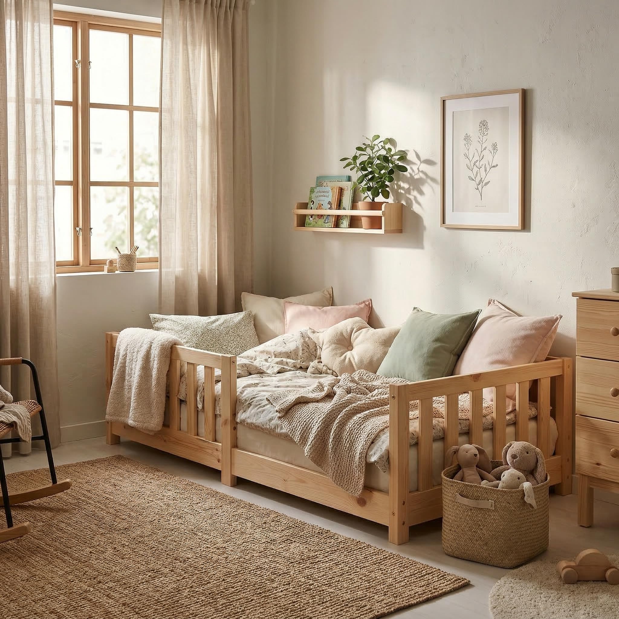 ecomi Kinderbett 80x160 Bodenbett – Bodenbett mit Rausfallschutz und Lattenrost, Naturholz Kiefer