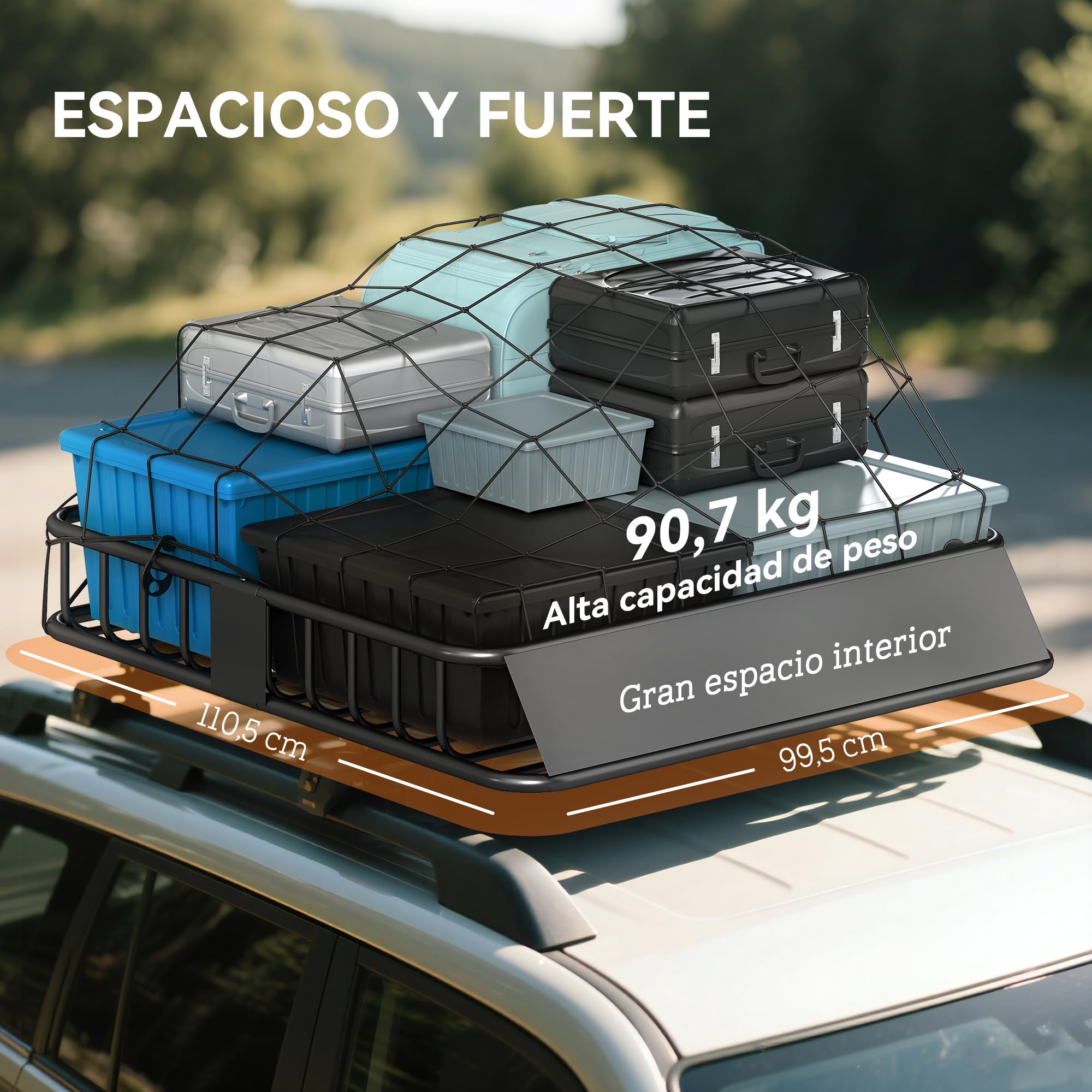 HOMCOM Cesta de Techo Universal para Vehículos de Acero, Baca Portaequipajes Coche Automóvil Carga 90,7 kg con Deflector, Barandillas, para SUVs, Pickups, Sedanes, 110,5x99,5x18,5 cm, Negro