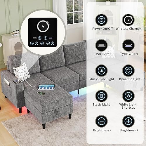 Miniatura 3 de Sofás seccionales para sala de estar, sofá seccional de tela de lino suave de 6 asientos con otomana de almacenamiento, sofá moderno convertible en