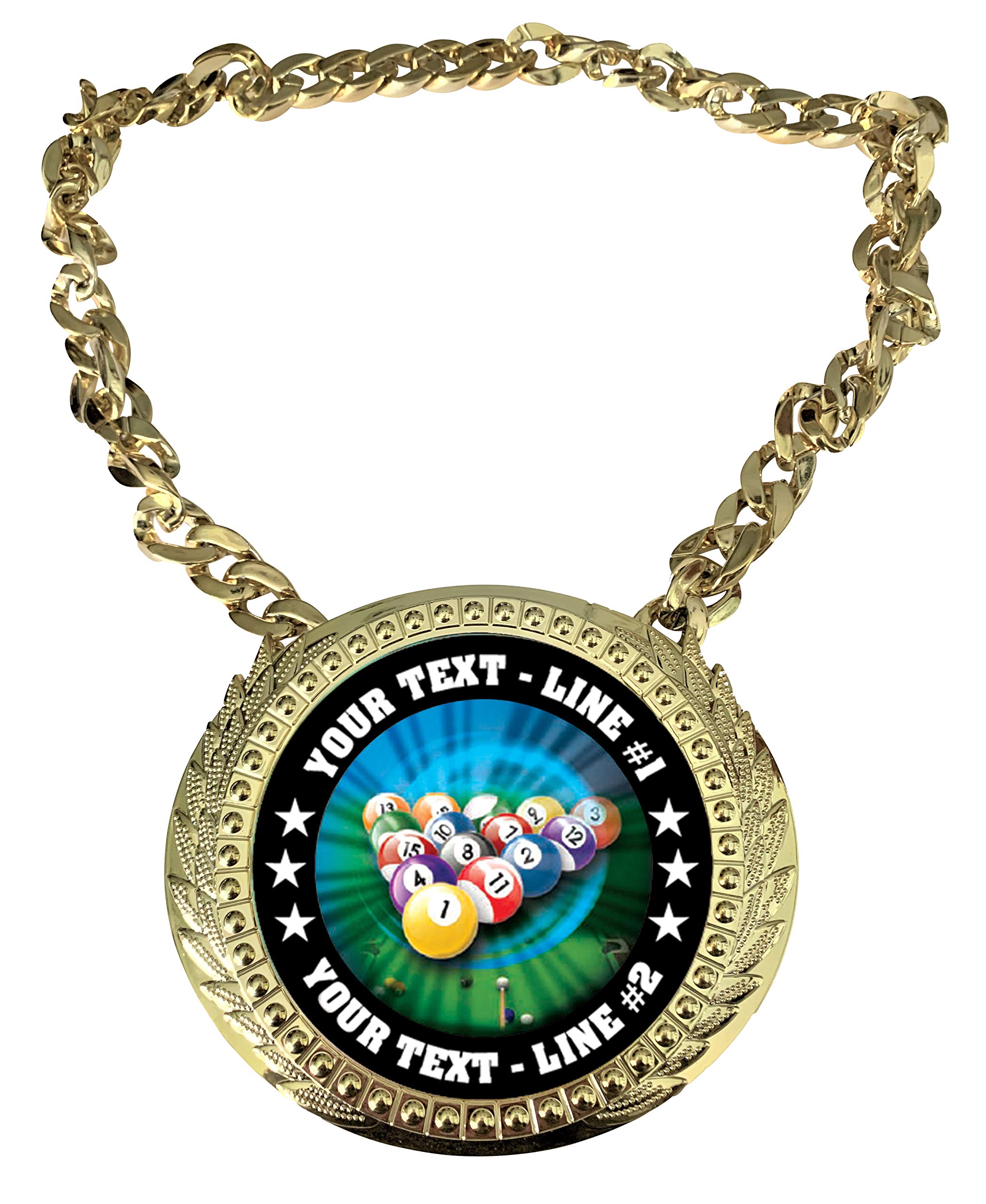 Express Medals Custom Billiards Pool 8 9 Ball Champ Chain Trophy with 2 Lines of Personalized Text on a Large Rigid Plastic Award Medal and 34 Inch Long Gold Color Neck Chain. MY409