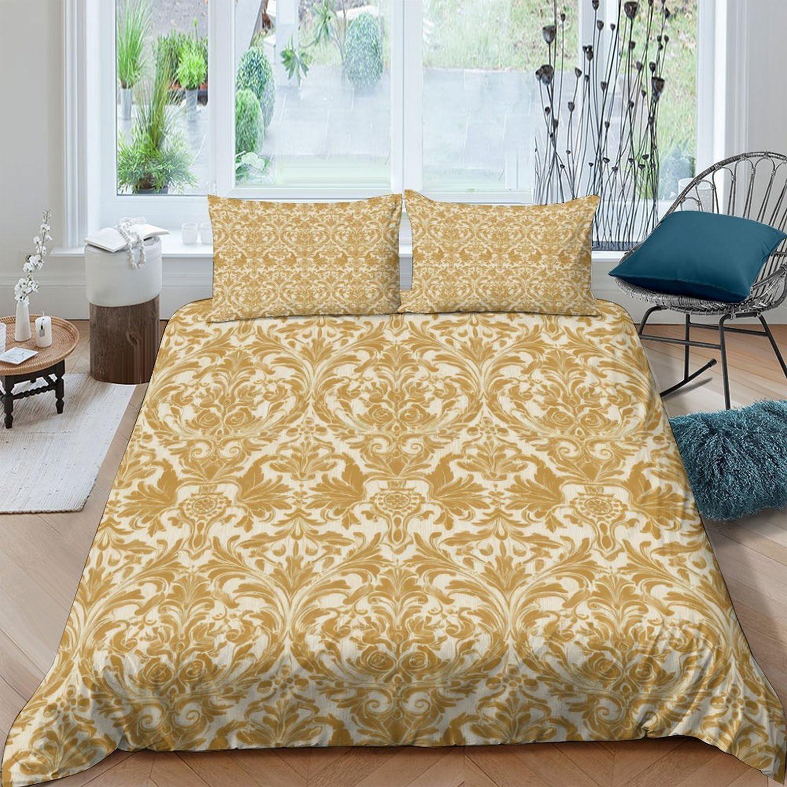 Ctjqhvkz Style-1 3D Printed Baroque Floral Fitted Sheet Microfiber Mustard Yellow Damask Mattress Cover For Bedroom Guest Room Easy Care Single（135X200cm）
