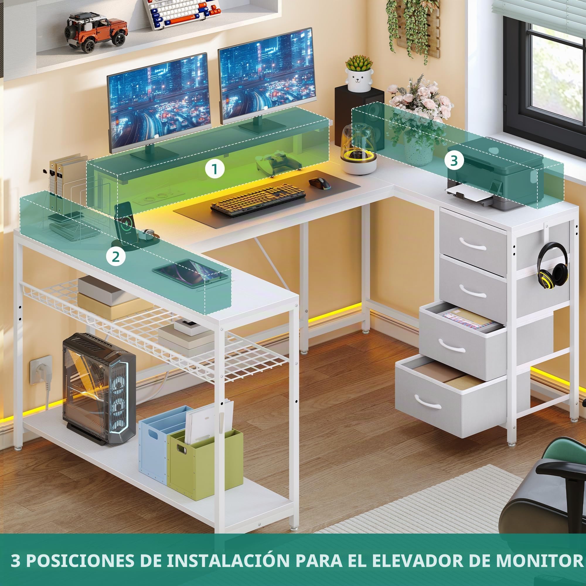 YITAHOME Escritorio esquinero con 4 cajones y Espacio de Almacenamiento, Escritorio para Videojuegos con LED y Soporte para Monitor para Oficina en casa, Escritorio de Esquina Reversible con 2