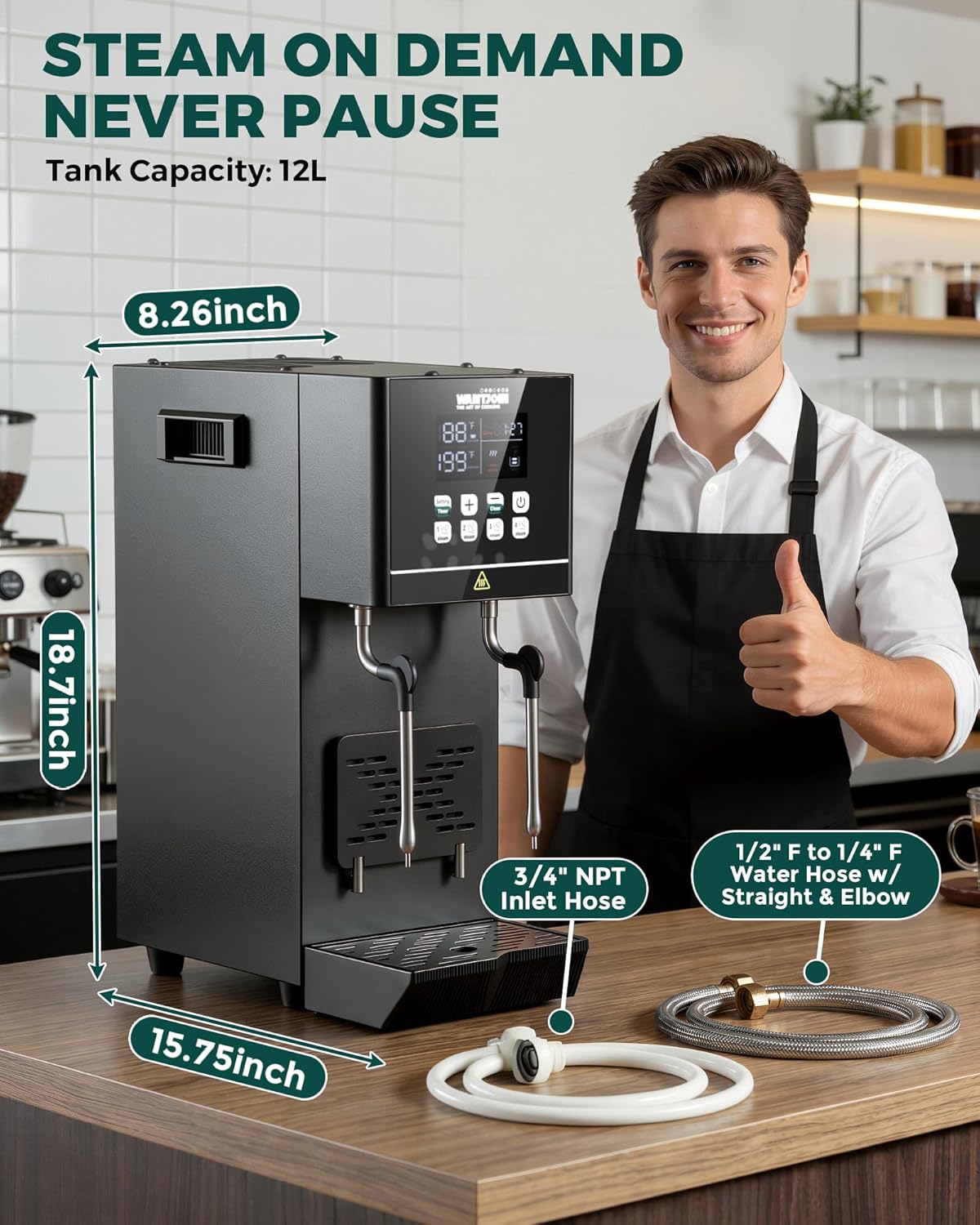 WantJoin Commercial Milk Frother & Beverage Heater - 2000W Multi-functional Milk Steamer Machine with LED Display Panel for Latte Cappuccino Coffee Milk Tea Foam & Hot Water Dispenser, Hotel Home Use