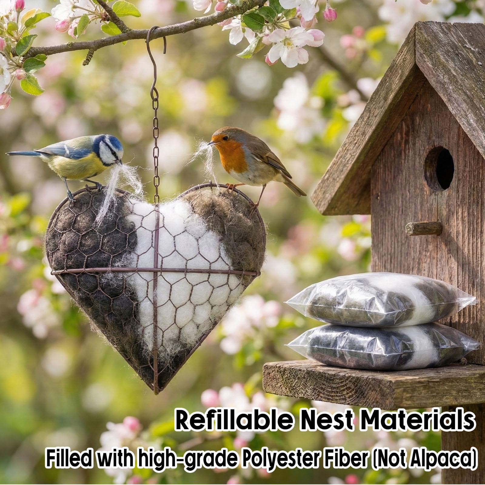 Nistmaterial für Wildvögel, Nistmaterials für Vögel, Vogelnest Herz, Vögel Nistmaterial Und Halter-Set, Inklusive 2 Beutel mit Nistmaterials, Nisthilfen für Vögels, für Garten, Hof