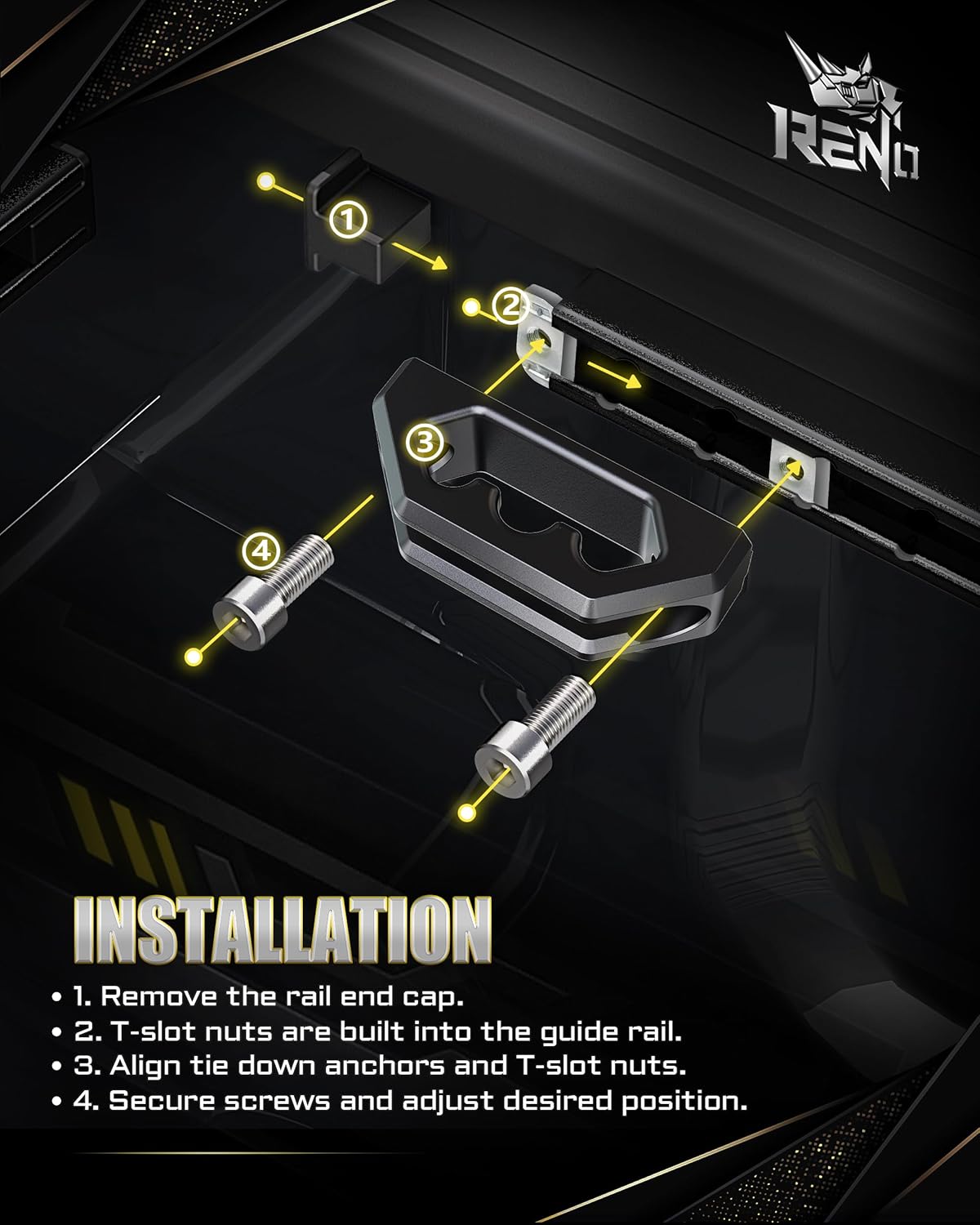 RENO Bed Rail Cleats, Aluminum Tie Down Anchors for Cargo Trailer Compatible with 2022+ Maverick / 2015+ F150 / 2019+ Ranger Bed Hooks, Replaces NZ6Z26000A64A, NZ6Z-26000A64-A (Black, 2PCS)