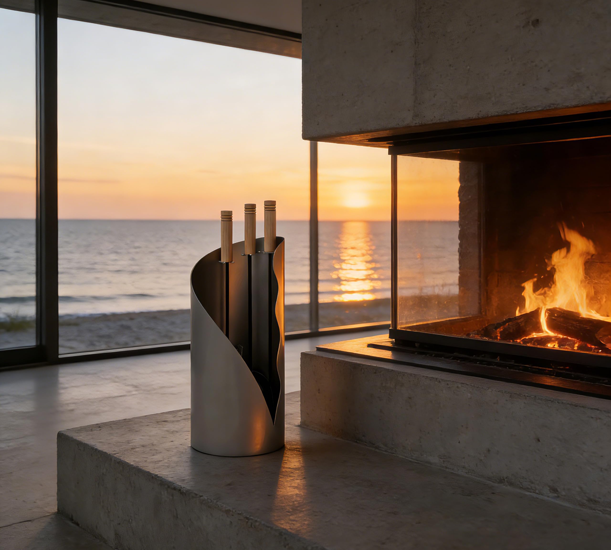 Kingson Juego de utensilios para chimenea de 3 piezas – Juego moderno de herramientas para la chimenea con cepillo, pala y atizador – Soporte redondo para el suelo – 52,5 cm de altura – Mango de