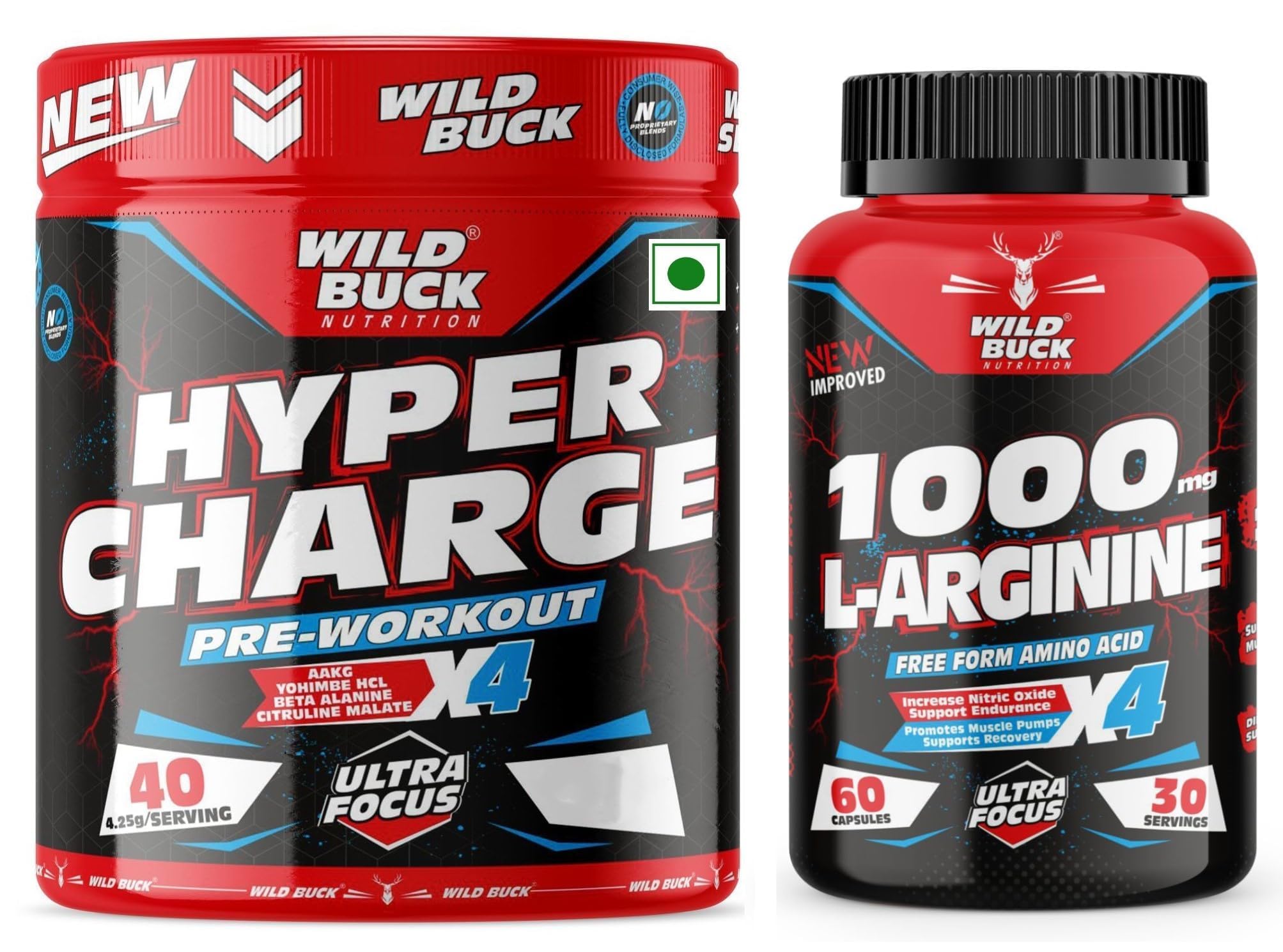 WILD BUCK Hyper Charge Pre-X4 Hardcore Pre-Workout Supplement Powder with Creatine Monohydrate, Arginine AAKG, Beta-Alanine, Caffeinated Punch - For Men & Women [40 Servings, Wild Berries] + WILD BUCK L Arginine 1000mg Nitric Oxide Precursor Supplement for Massive Pumps, Maximum Vascularity and Muscle Growth, Stamina, Recovery | Essential Amino Acids | Powerful NO Booster - 60 Capsules