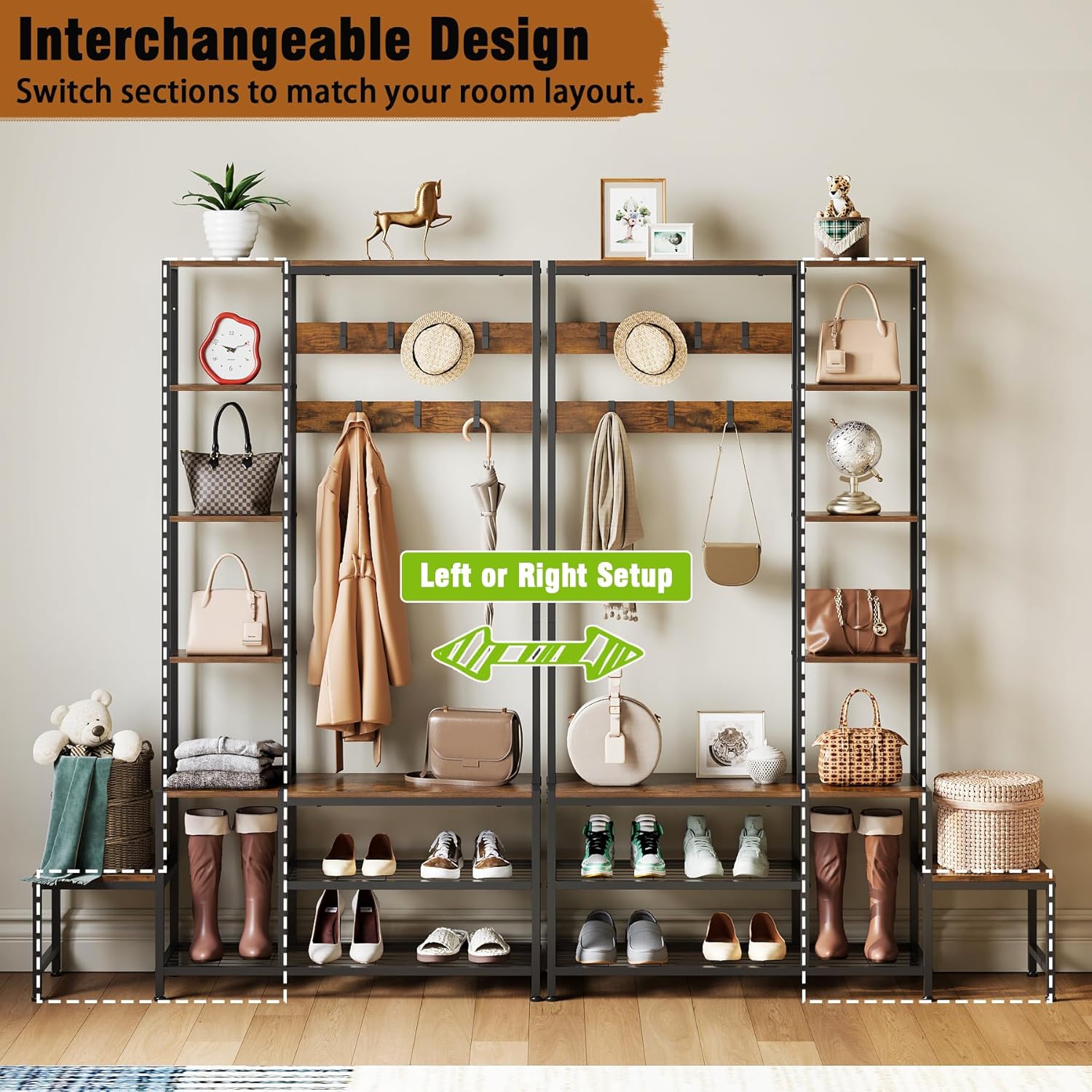 Hall Tree with Shoe Storage Bench Coat Rack with 7 Hooks Interchangeable 4 Tier Side Storage Shelves Small Cute Side Bench Industrial 5-in-1 Entryway Coat Rack for Hallway Mudroom Bedroom