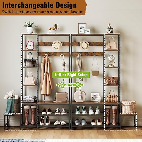 Miniatura 3 de Árbol de pasillo con banco de almacenamiento de zapatos, perchero con 7 ganchos intercambiables de 4 niveles, estantes de almacenamiento laterales