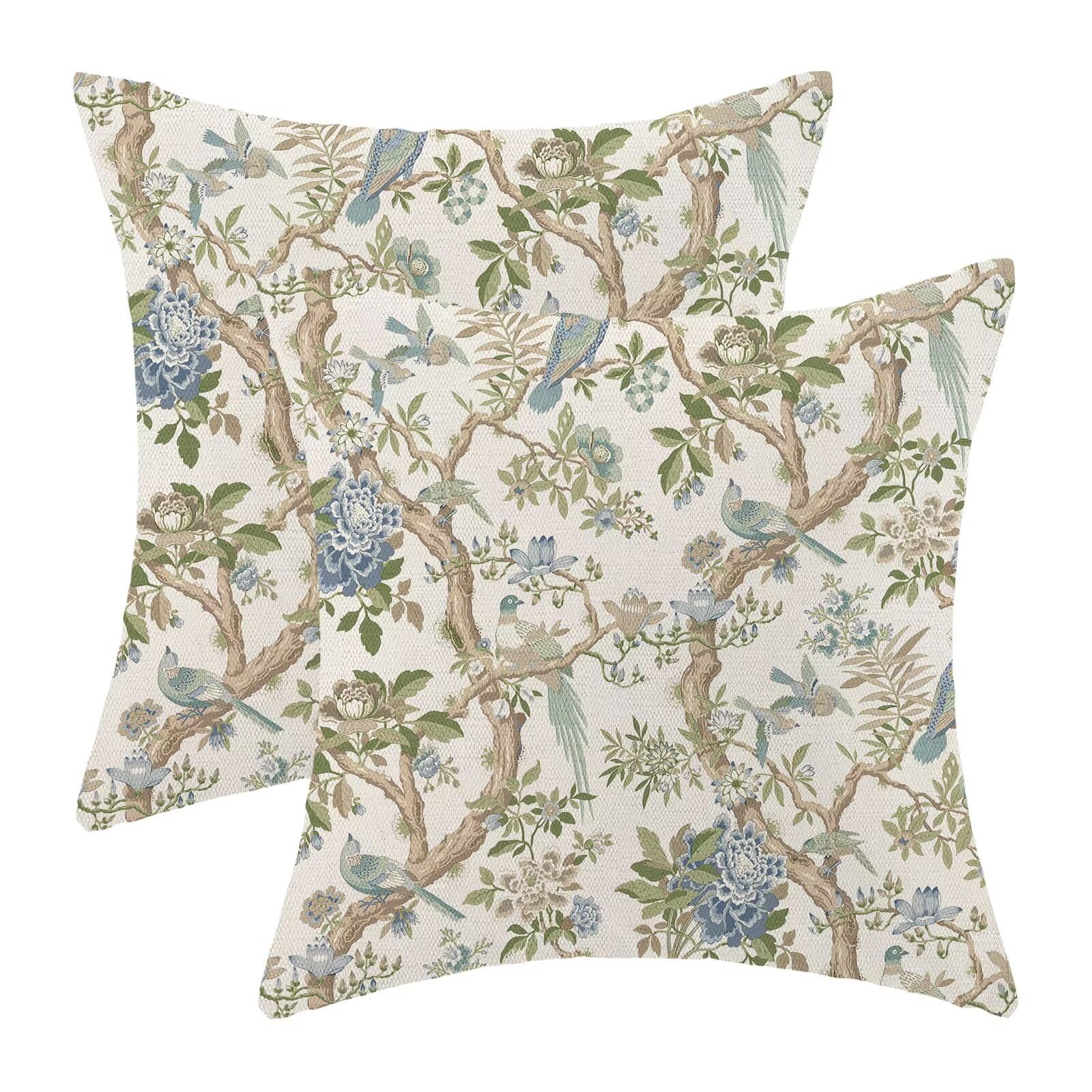 AEIOAE Sage Green Blue Floral Pillow Covers 16 x 16 Inch Set of 2, Spring Vintage Chinoiserie Flower Decorative Throw Pillow Covers Outdoor Linen