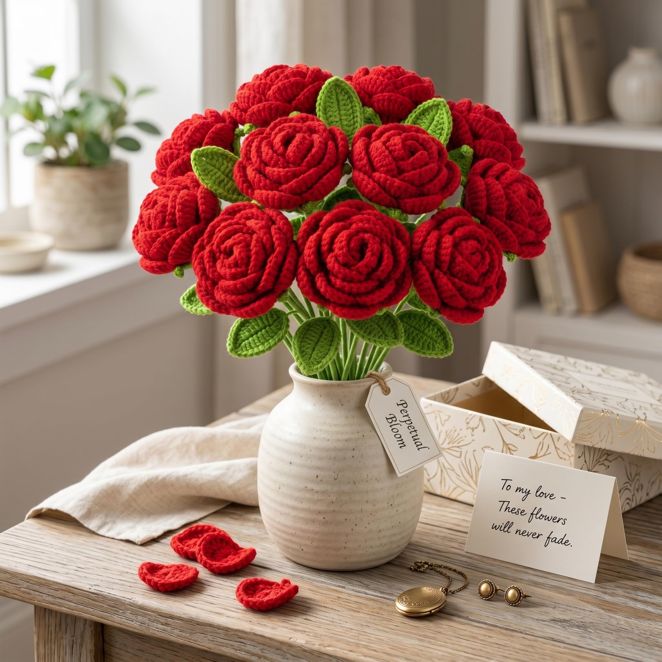 Rosas de Ganchillo, 10 Uds., Ramo de Flores de Punto, Rosas Rojas de Lana Hechas a Mano, Belleza y Amor eternos, Ideal para mamá, Hermana, Amigas, Novia