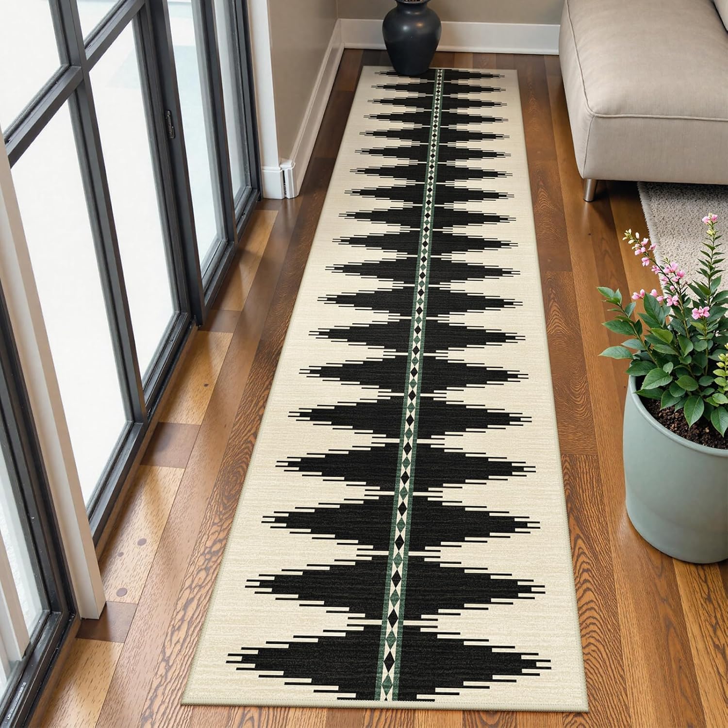 Lahome Modern Carpet Runners for Hallway 8ft, Long Kitchen Runner Rugs Non Skid Washable Ultra-Thin Floor Runner, Geometric Print Non Silp Soft Black Runner Rug for Entryway (Black, 2.5'x8')