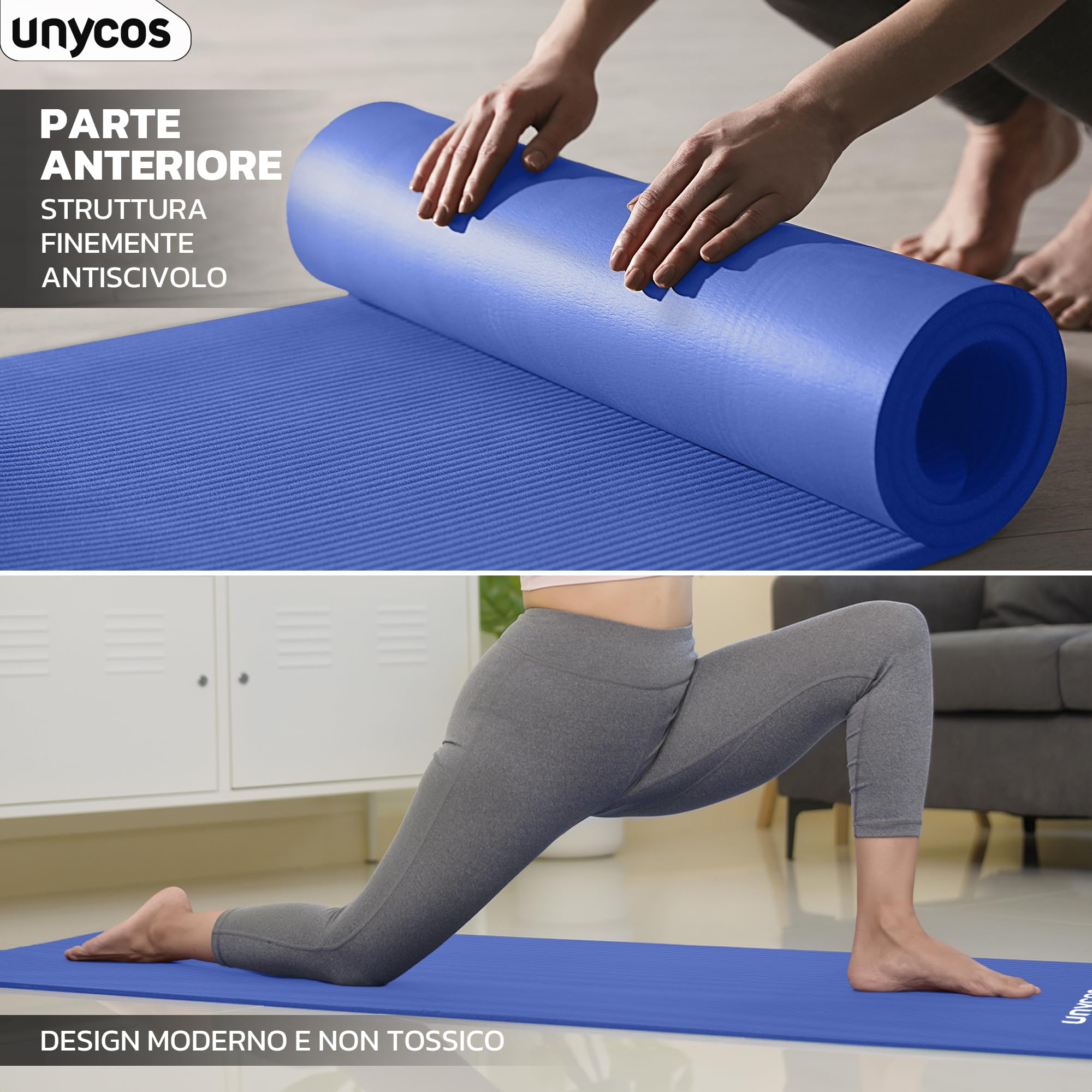 unycos - Tappetino Antiscivolo da Yoga, Pilates e Ginnastica Extra Spesso 10/15 mm, Materassino Fitness con E-Book, Schiuma NBR/Poliestere, Antiscivolo con Borsa a Tracolla, Tappeto per Allenamento