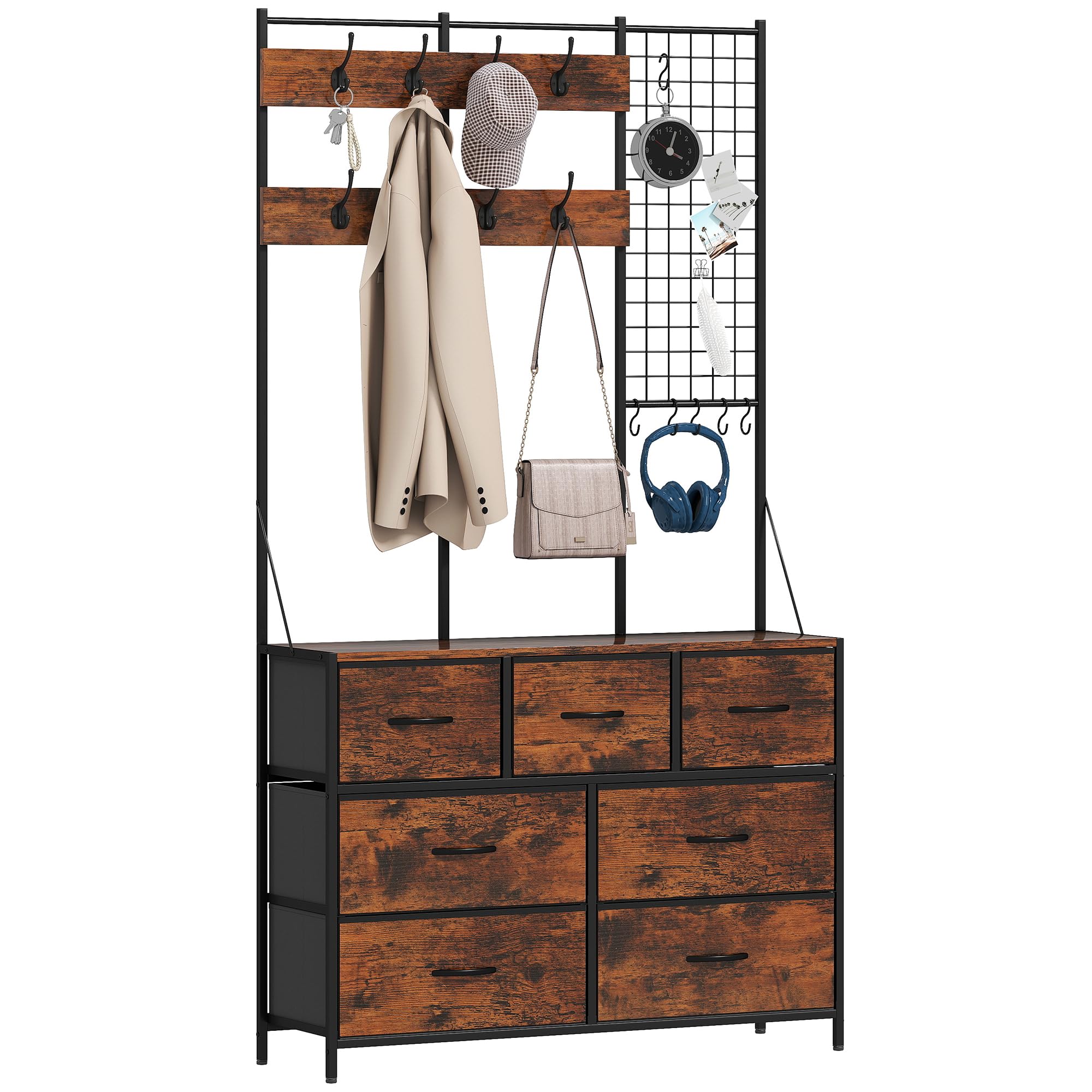 HOMCOM Meuble d'Entrée 4 en 1 Portemanteau Vestiaire Noir Brun Rustique | 7 Tiroirs Pliables en Tissu, 14 Crochets, Style Industriel, pour Couloir Entrée Chambre